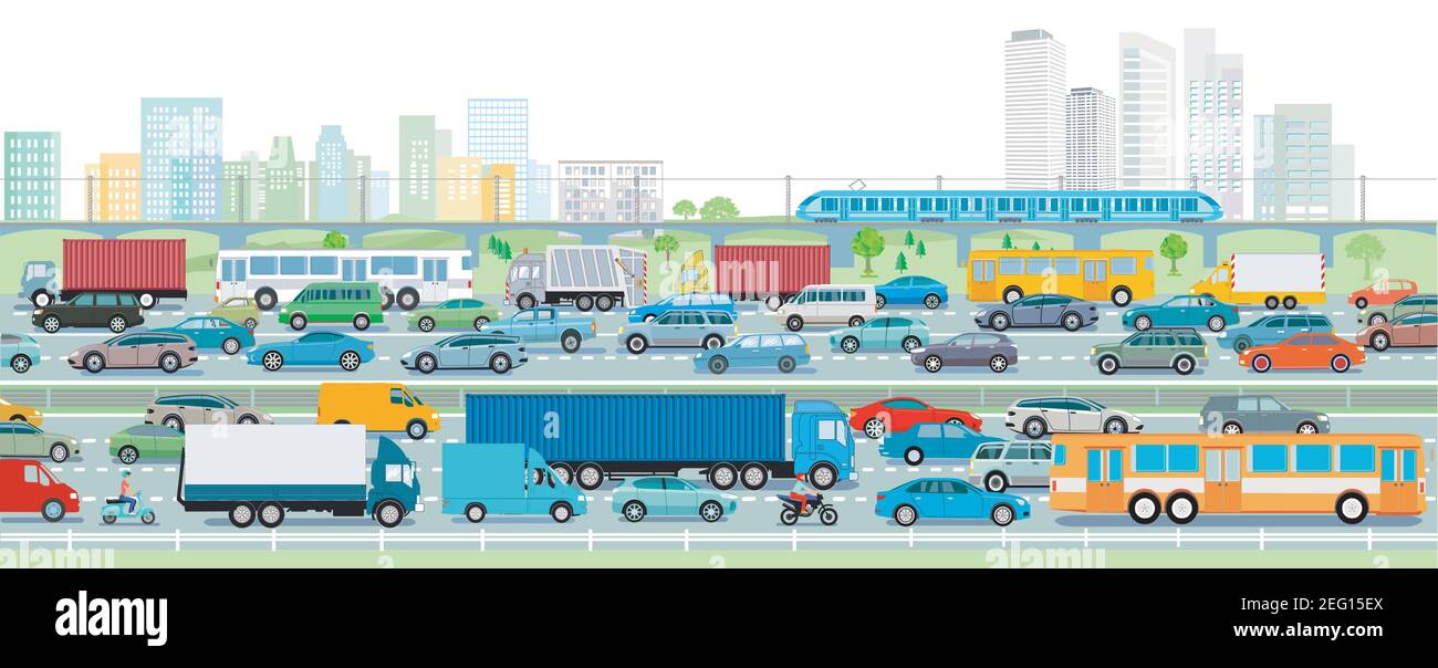 Highway in front of a big city illustration Stock Vector