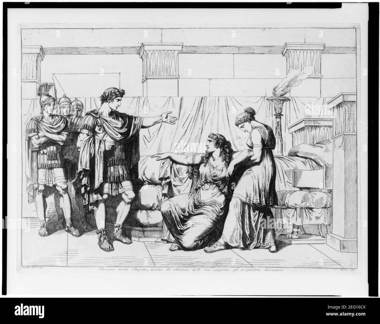 Ottaviano visita Cleopatra, mentre lei abbatuta dalle sue sciagrue, gli si prostra dinnanzi - Pinelli inv. e inc. Roma 1821. Stock Photo