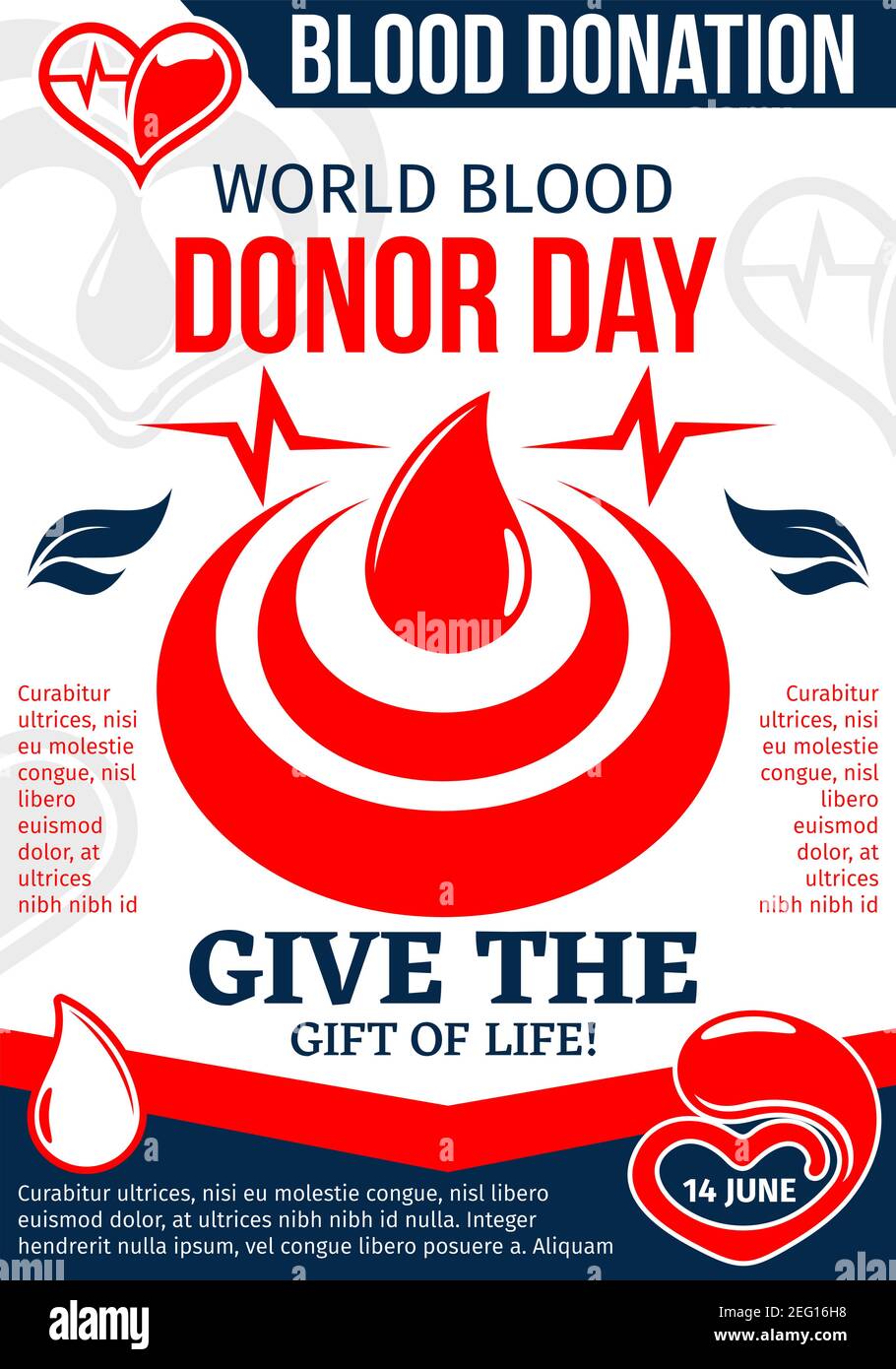 World Blood Donor Day medical poster with red drop of donation blood. Heart with blood and heartbeat line for volunteer donor center promo flyer or tr Stock Vector Image & Art -