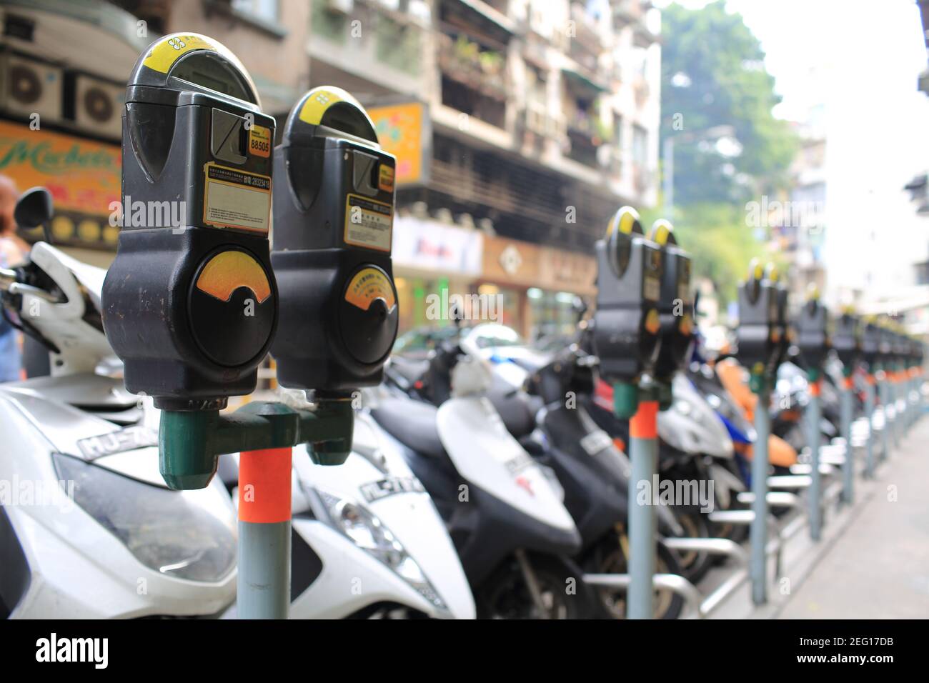 macau street and its parking meters Stock Photo