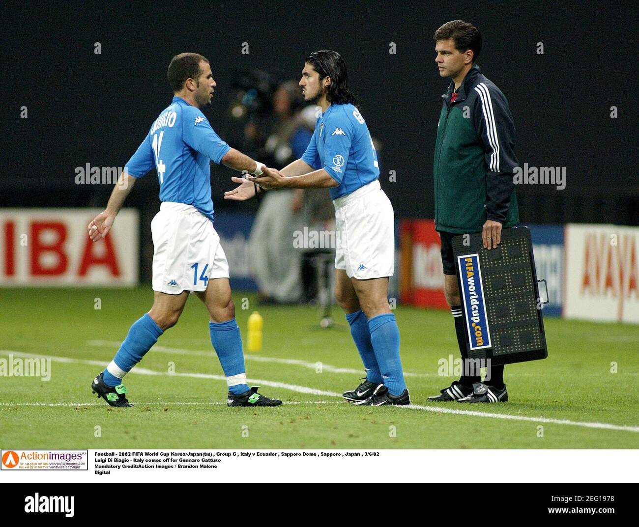 Football - 2002 FIFA World Cup Korea/Japan(tm) , Group G , Italy v Ecuador  , Sapporo Dome , Sapporo , Japan , 3/6/02 Luigi Di Biagio - Italy comes off  for Gennaro