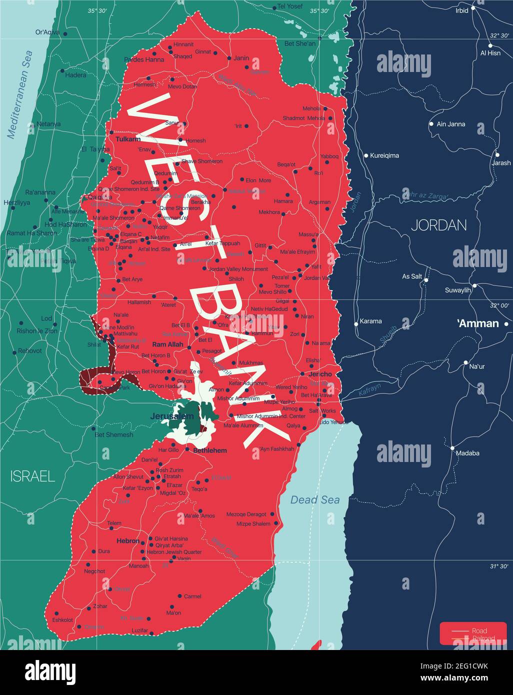 West Bank region country detailed editable map with countries capitals