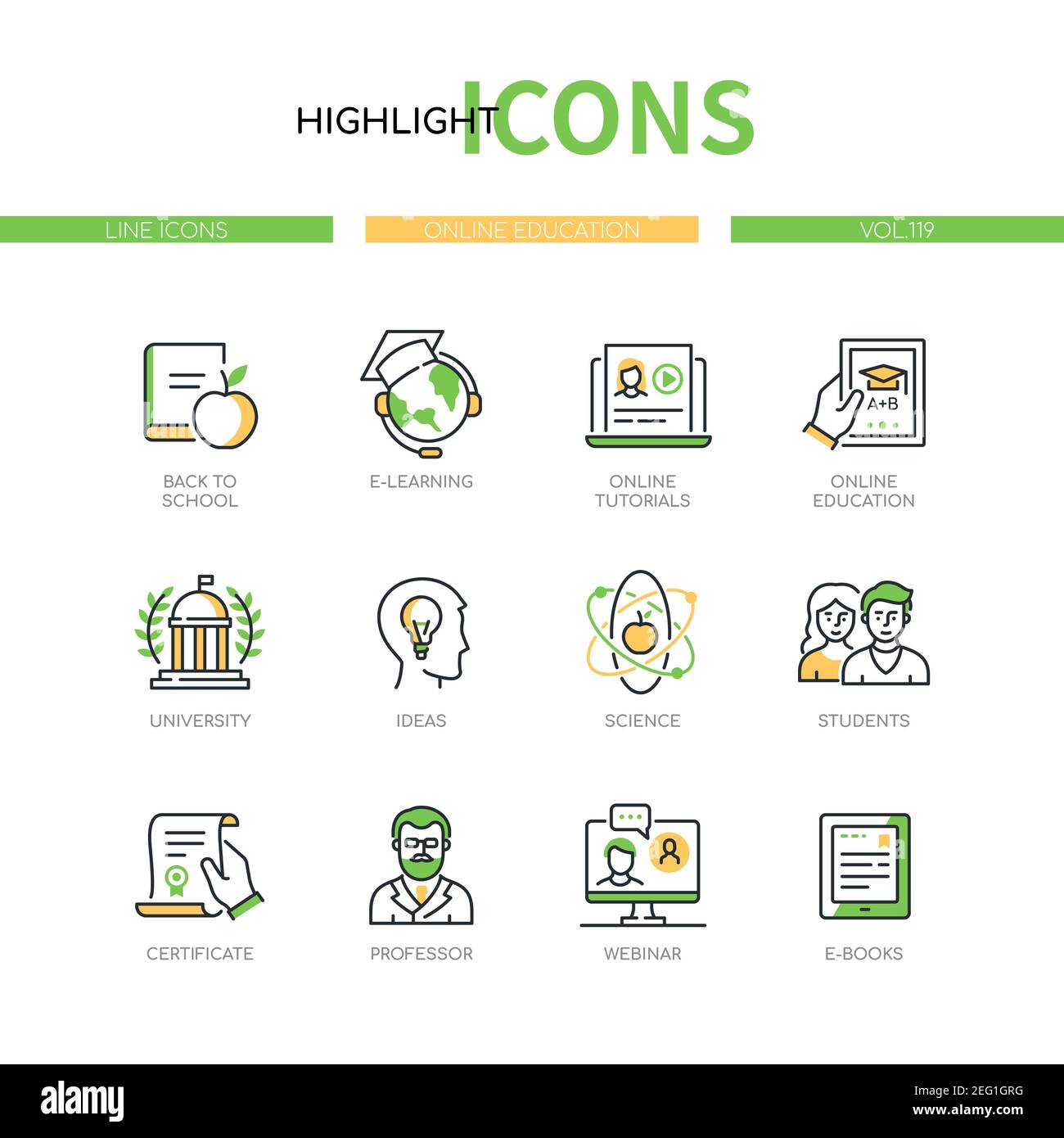 Online education - line design style icons set. E-learning, educational courses idea. Back to school, tutorials, university, ideas, science, students, Stock Vector