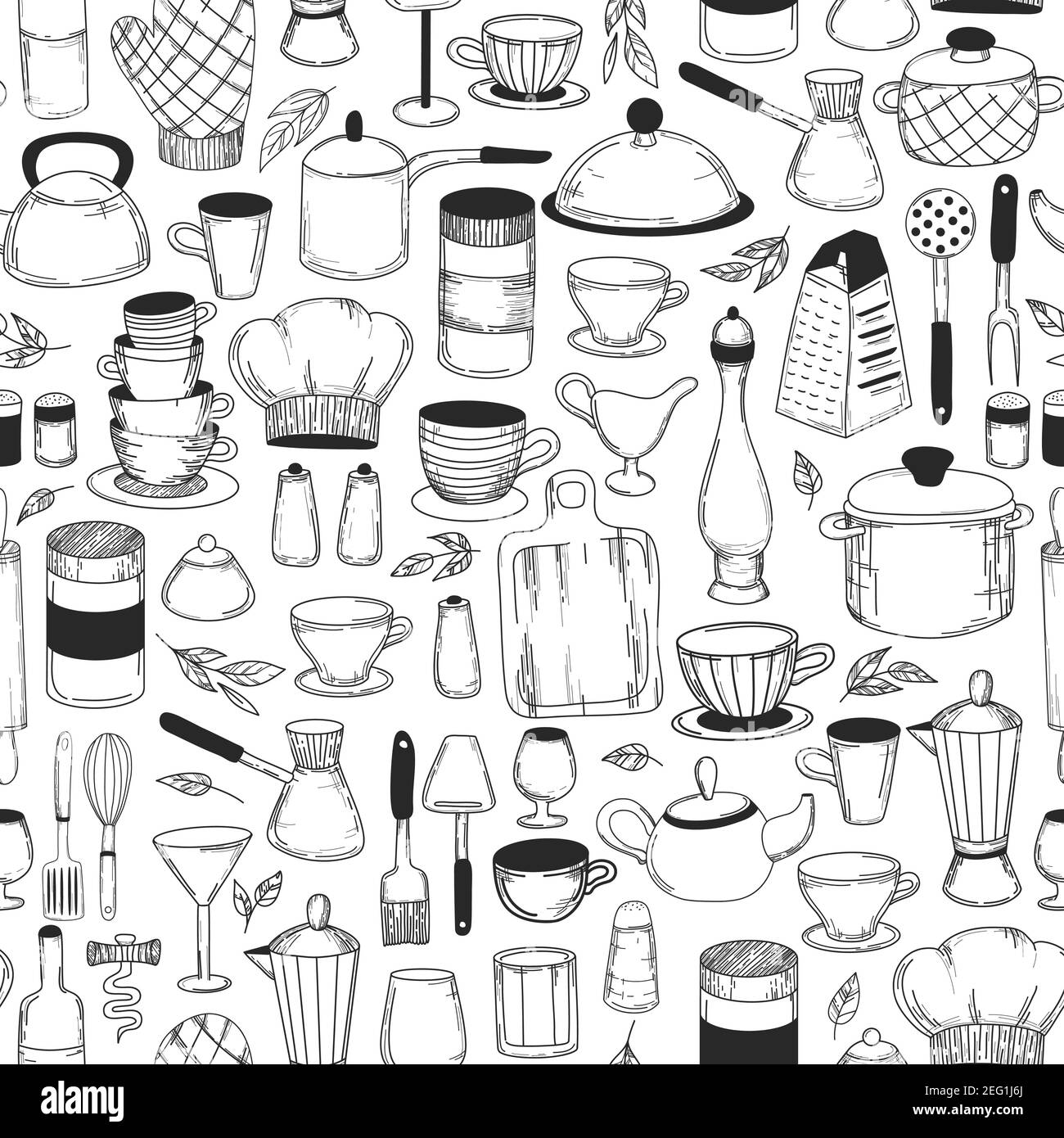 Vintage seamless background. Kitchen tools. Doodle sketch utensils hand-drawn with ink. Can be used for wallpaper, pattern fills, textile, web page Stock Vector