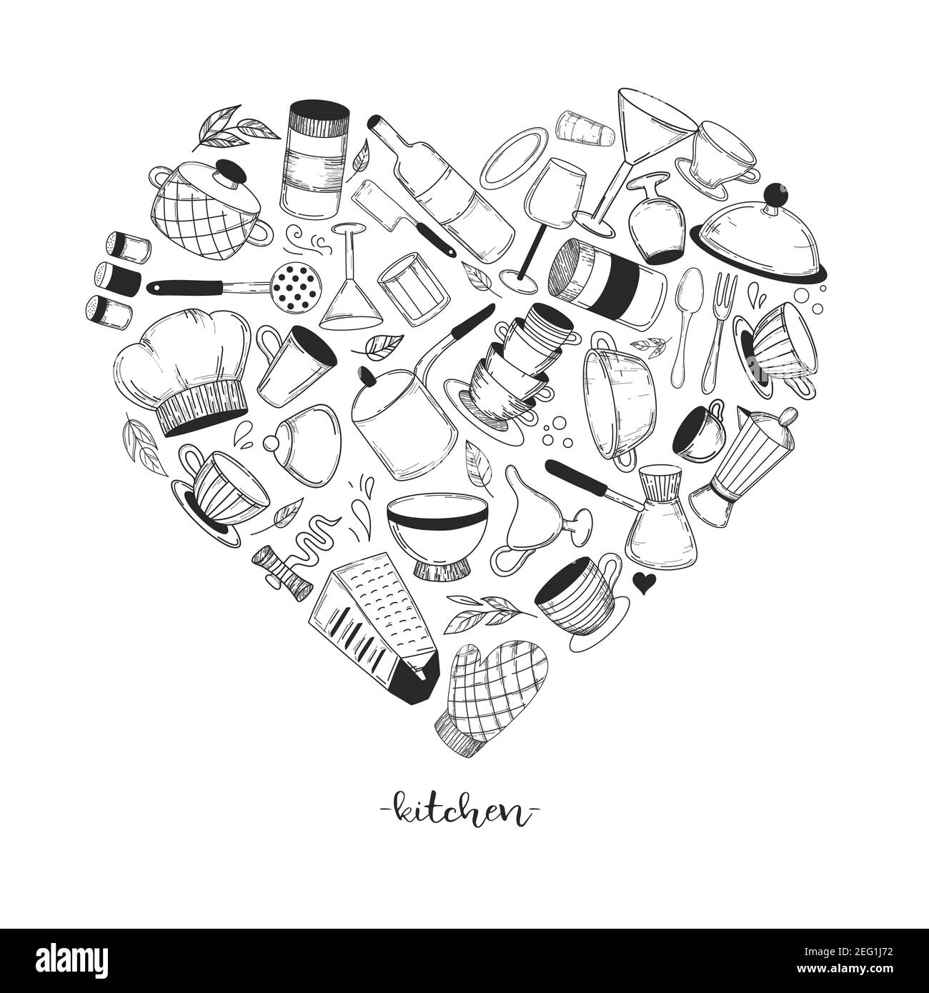 I Love My Kitchen - items and utensils. Heart shaped kitchen silhouette set, vector illustration. Poster with hand drawn kitchen utensils. Recipe book Stock Vector