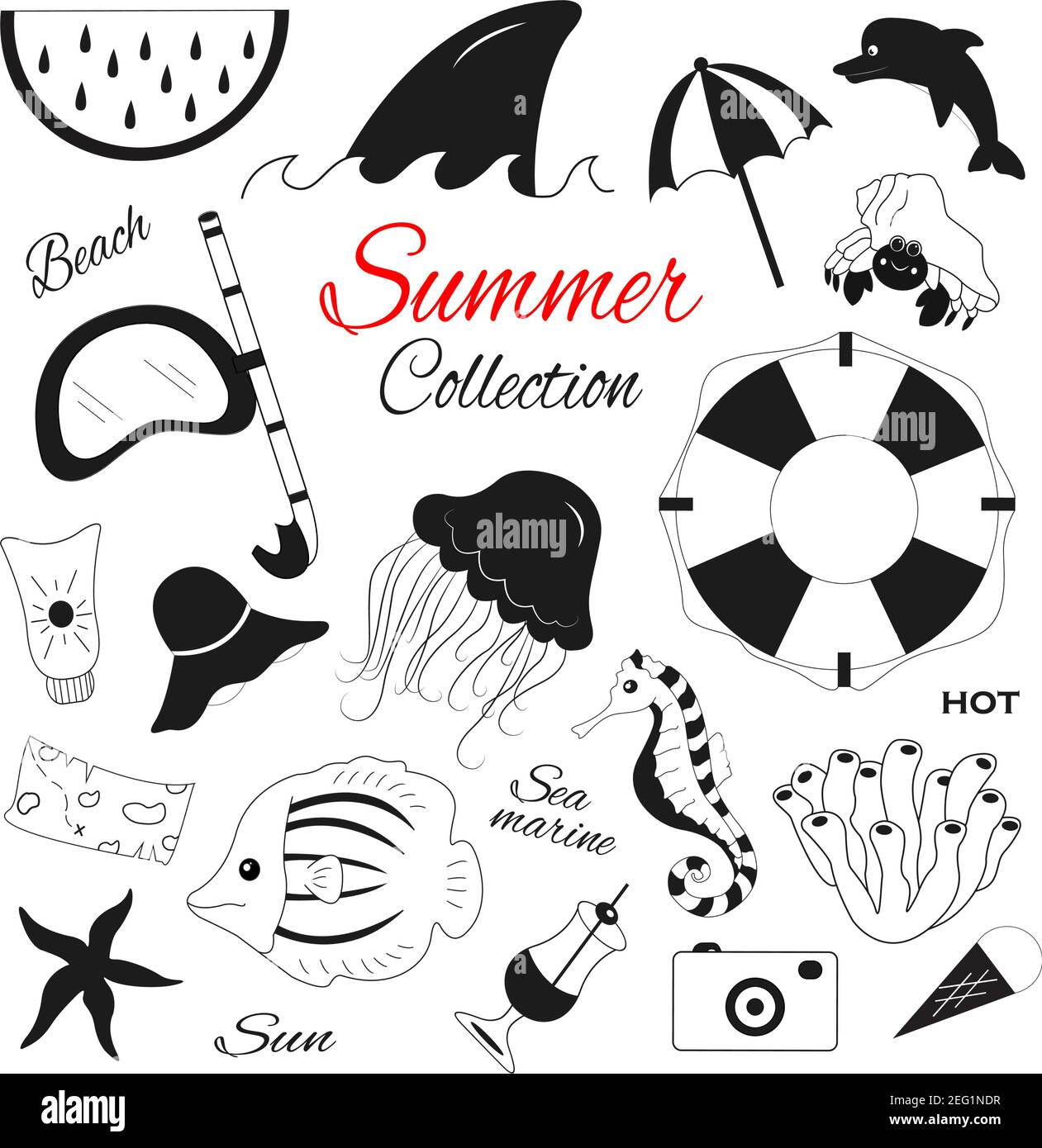Summer collection of 18 pieces in colorless style Stock Vector