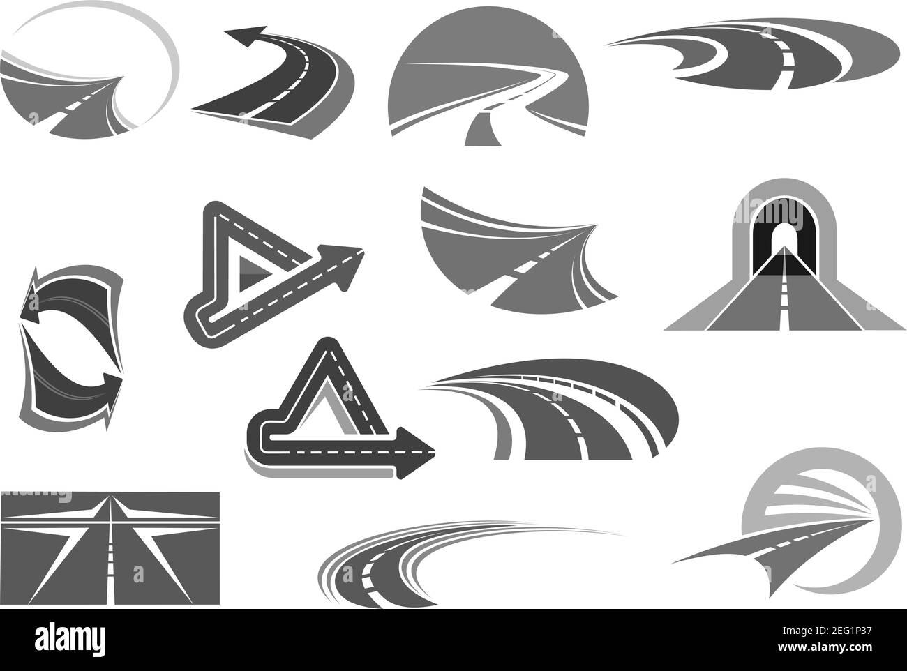 Road vector icons set. Symbols of highways and motorways with tunnels and traffic marking and direction arrows for transport or repair and constructio Stock Vector