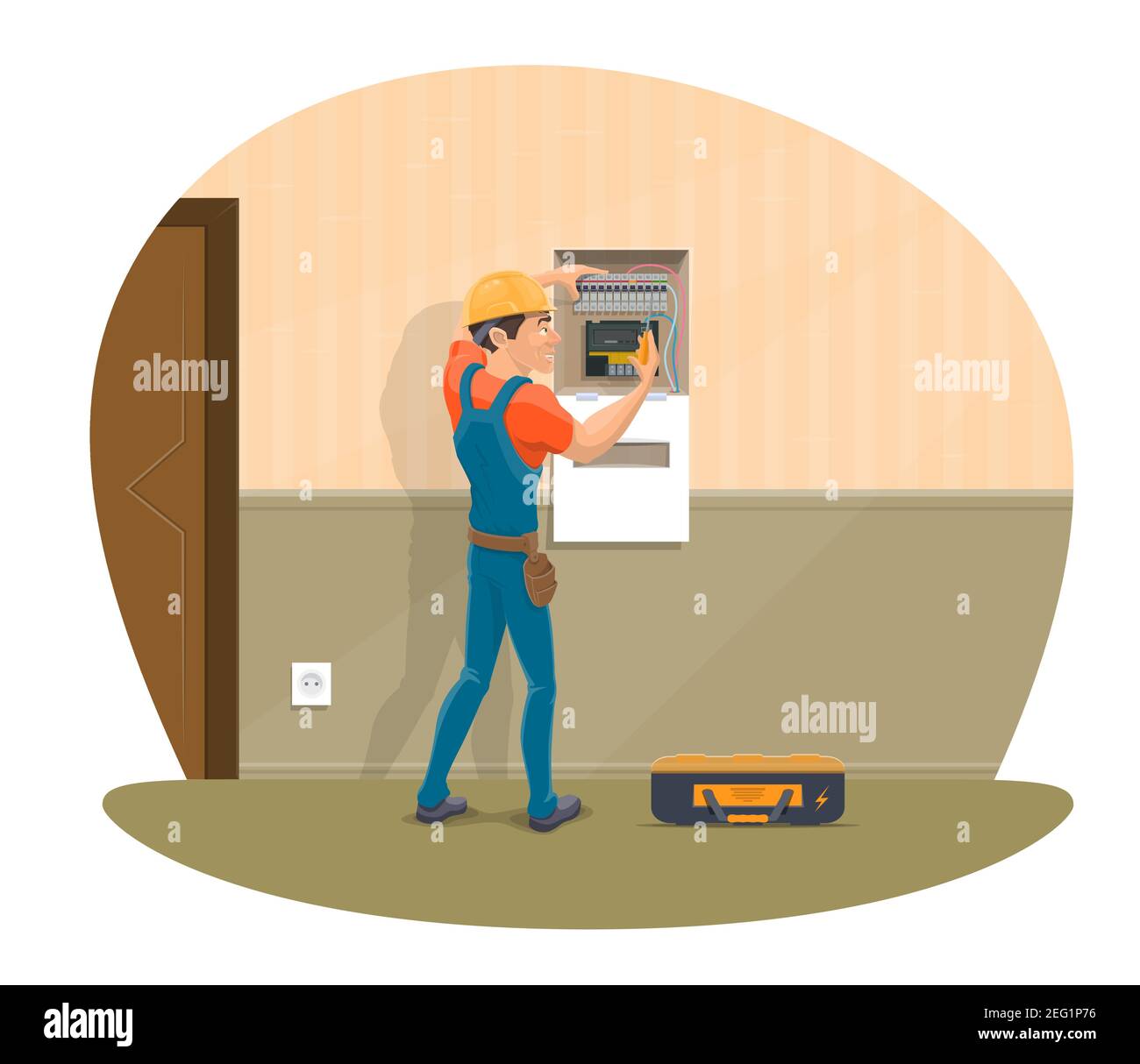 Electrician at work repairing home electricity with electrical work tools. Vector flat design of electircian man profession, changing fuse or wires an Stock Vector