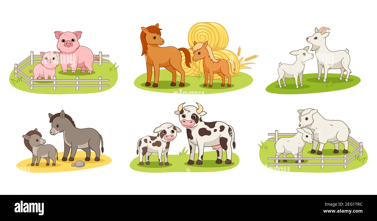 Set with domestic animals and their babies Stock Vector