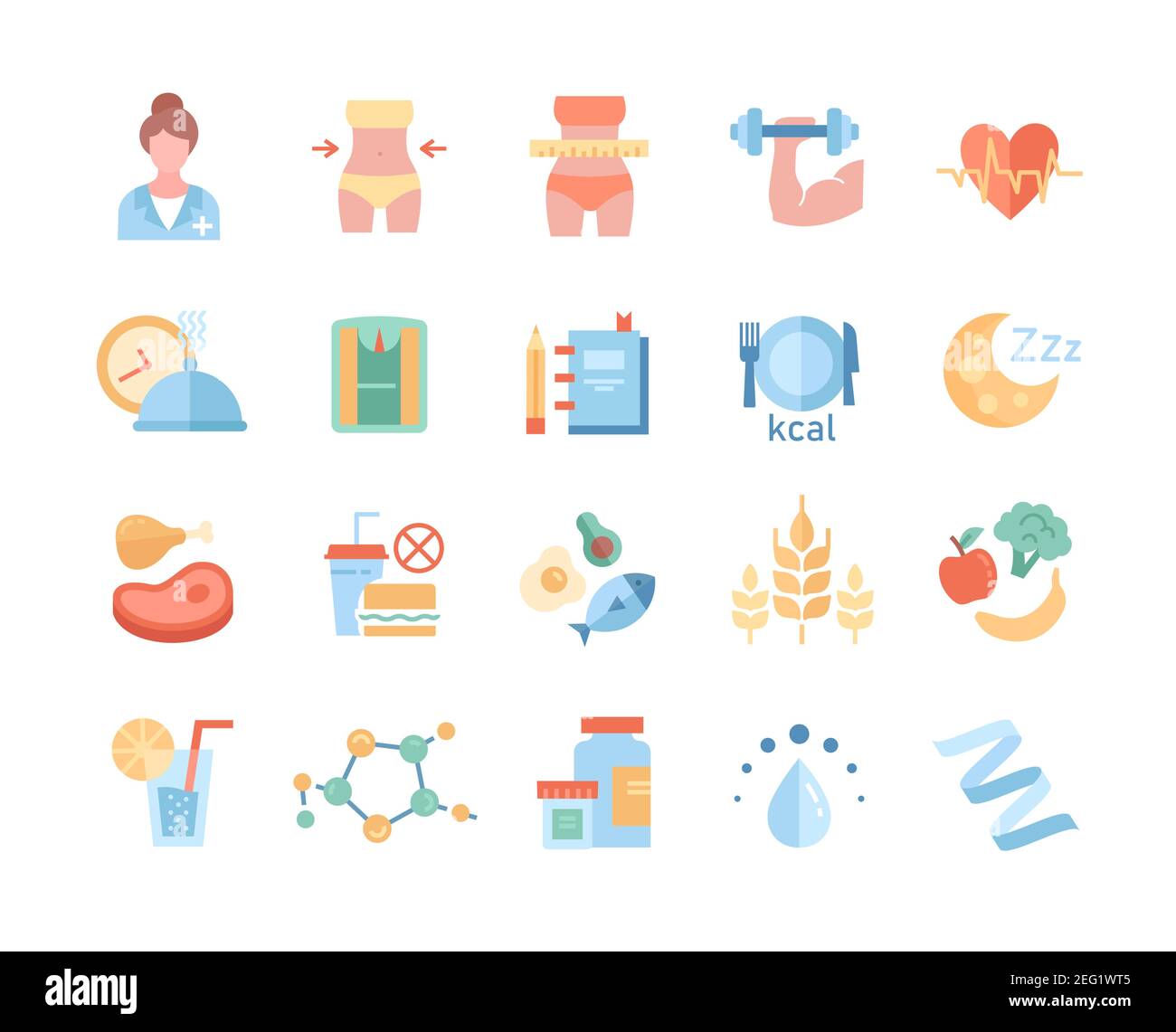 Large set of line black and white drawn diet icons Stock Vector