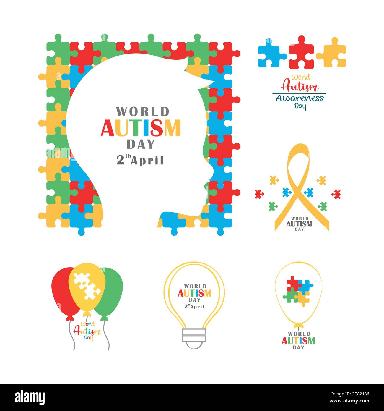 set autism awareness day head child ribbon balloon and bulb vector illustration Stock Vector