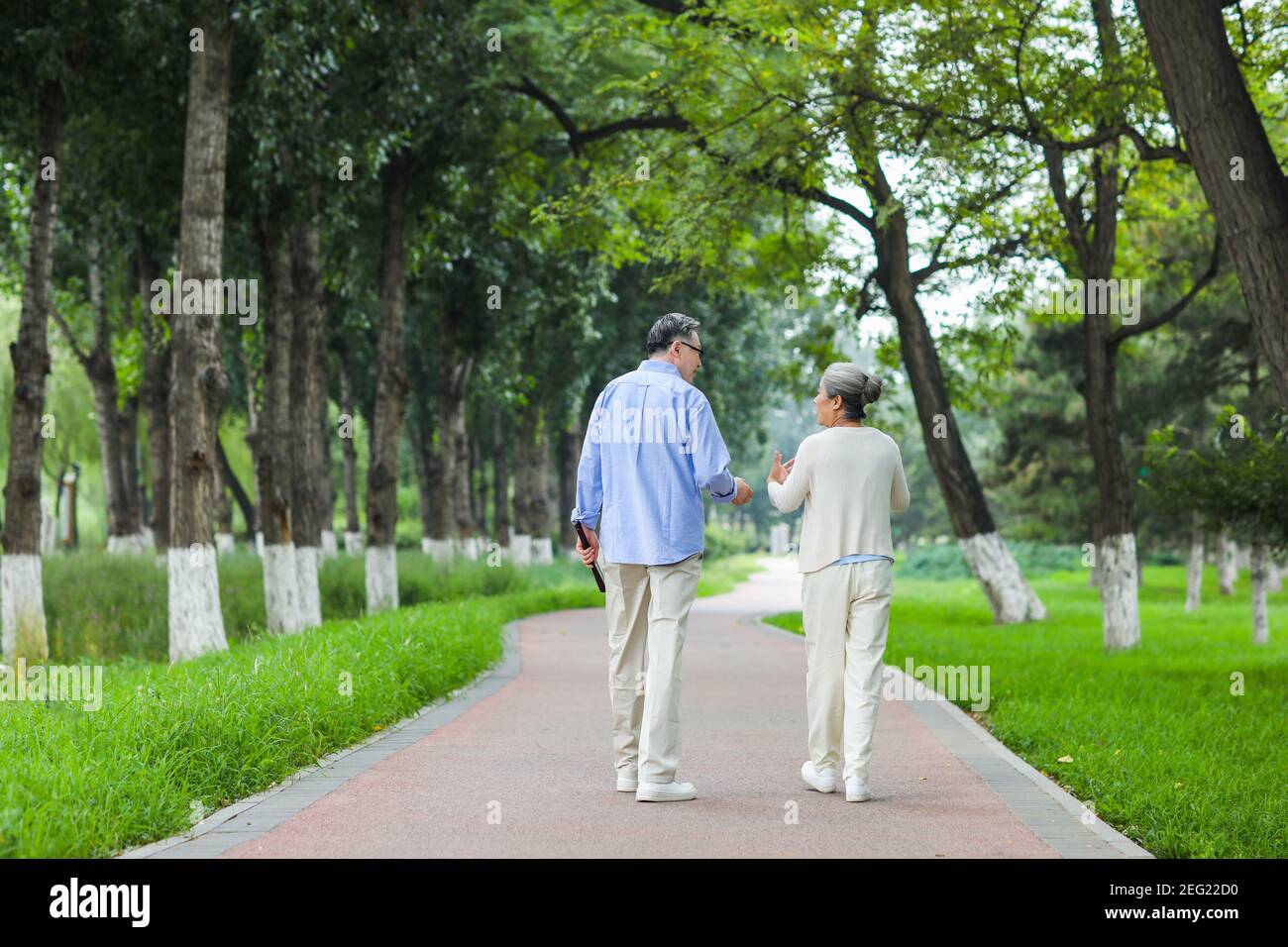 Happy old couple walking in the park Rear view Stock Photo