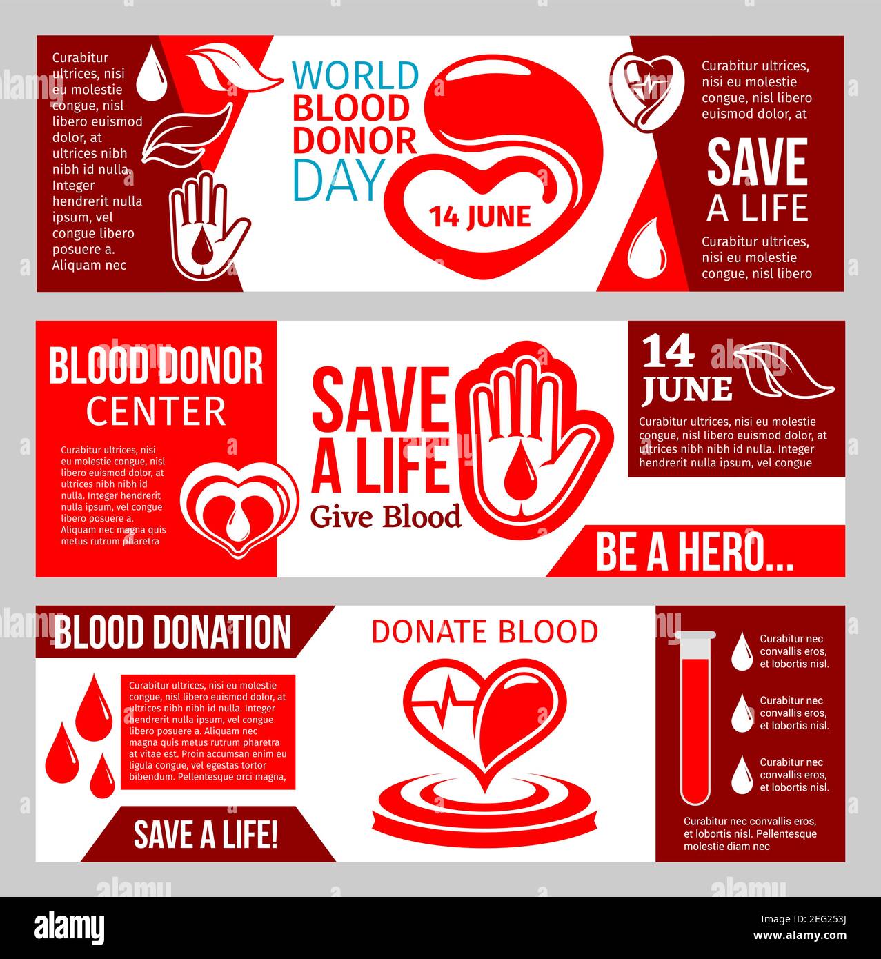 Blood Donor medical center banner set for blood donation template. Red
