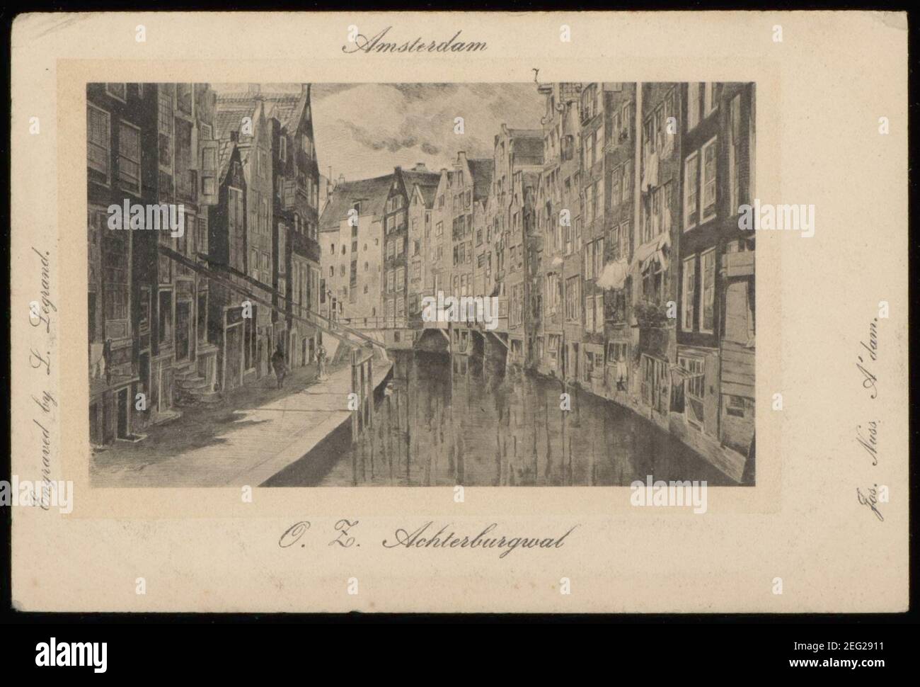 Oudezijds Achterburgwal met rechts de achterzijde van de Zeedijk. Uitgave Jos Nuss, Amsterdam. Graveur L. Legrand, Stock Photo