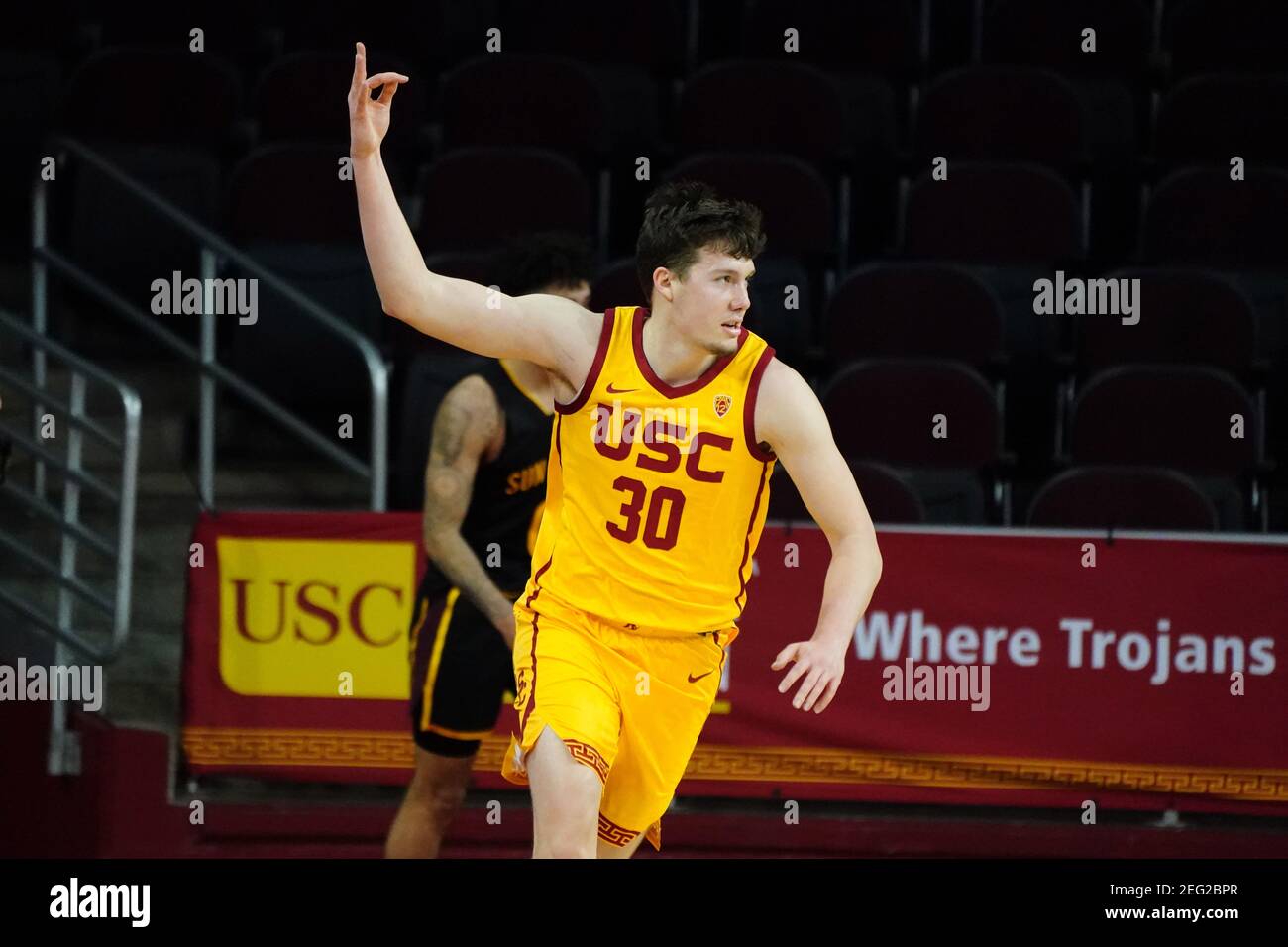 Los Angeles, USA. 17th Feb, 2021. Southern California Trojans guard Noah  Baumann (30) celebrates after a 3-point basket against the Arizona State  Sun Devils during an NCAA college basketball game, Wednesday, Feb.