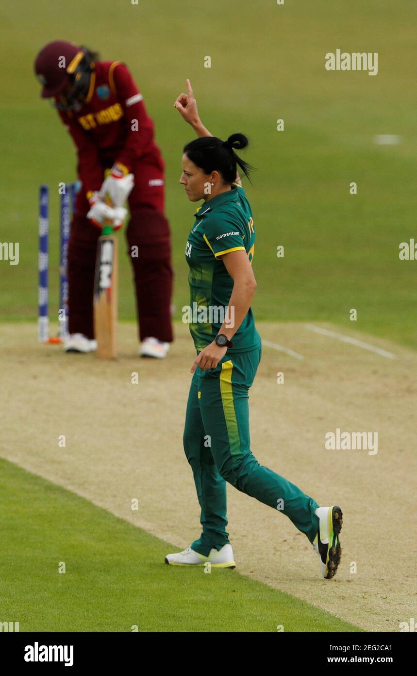 Cricket - South Africa vs West Indies - Women's Cricket World Cup - Leicester, Britain - July 2, 2017   South Africa's Marianne Kapp celebrates the wicket of West Indies' Afy Fletcher   Action Images via Reuters/Lee Smith Stock Photo