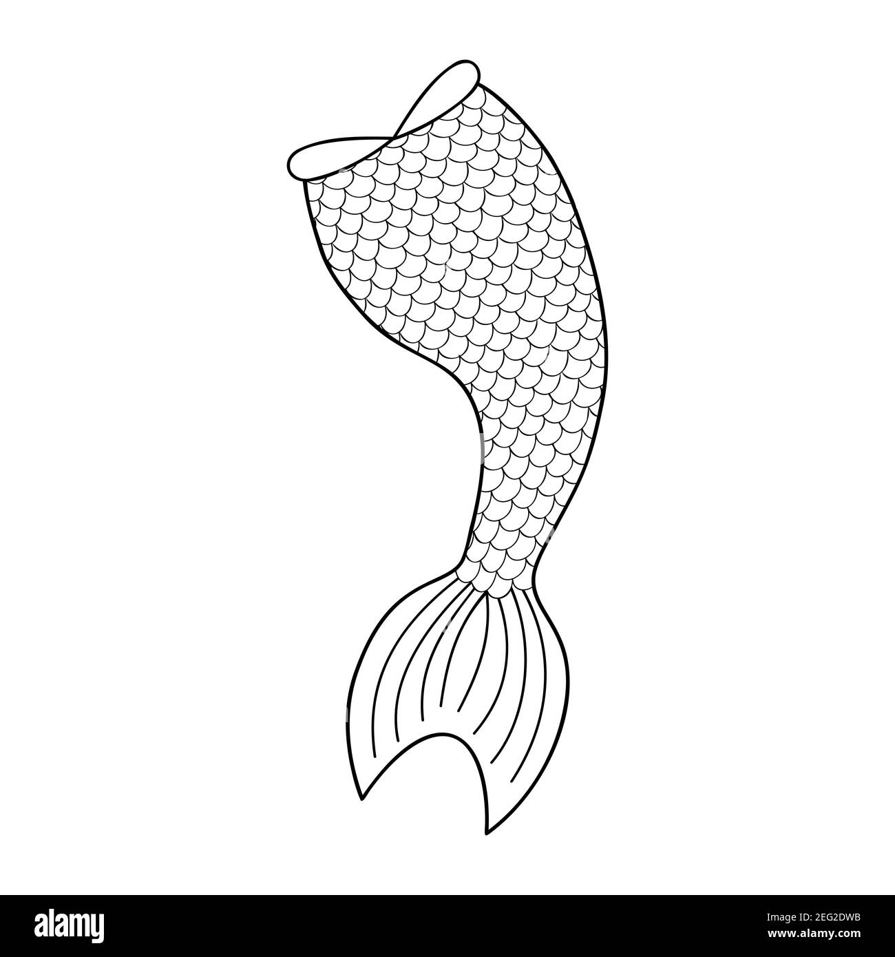 Outline mermaid tail isolated on white background. Coloring book line drawing. Decoration for girls party, greeting card or t-shirt print. Black and white vector illustration. Stock Vector