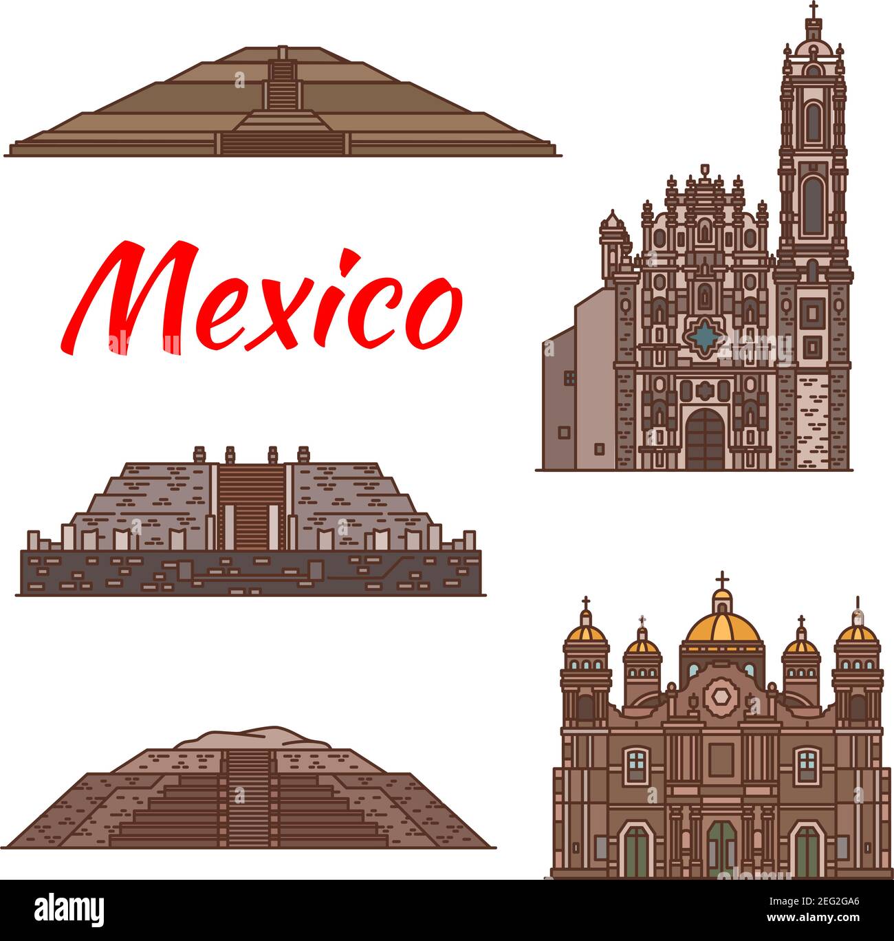 Mexico architecture landmarks and famous Aztec buildings facade line icons. Vector set of Mexican cathedrals and monastery castles of San Francisco Xa Stock Vector