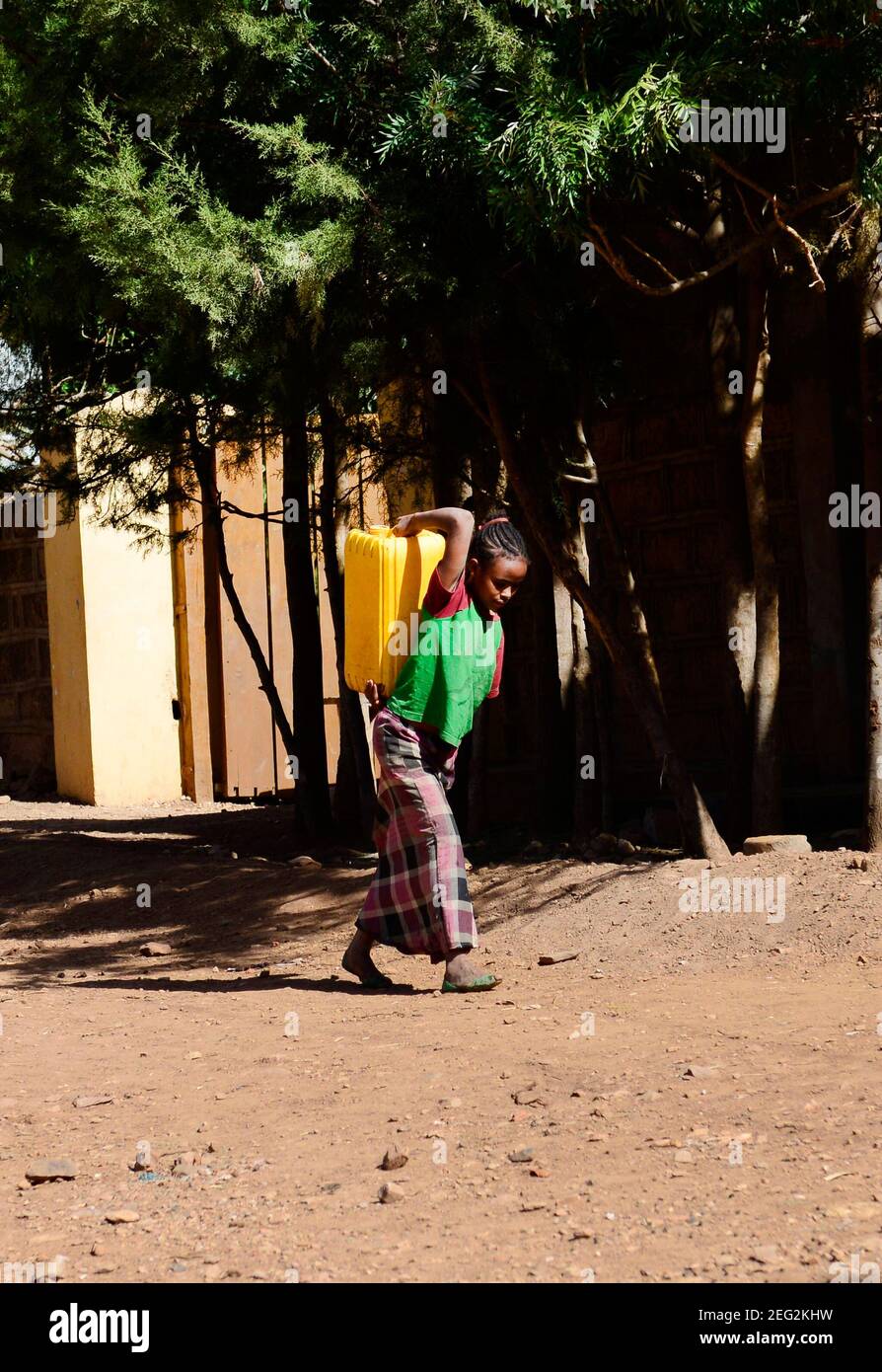 Local Tigrayans filling jerrycans of water in their village water pump