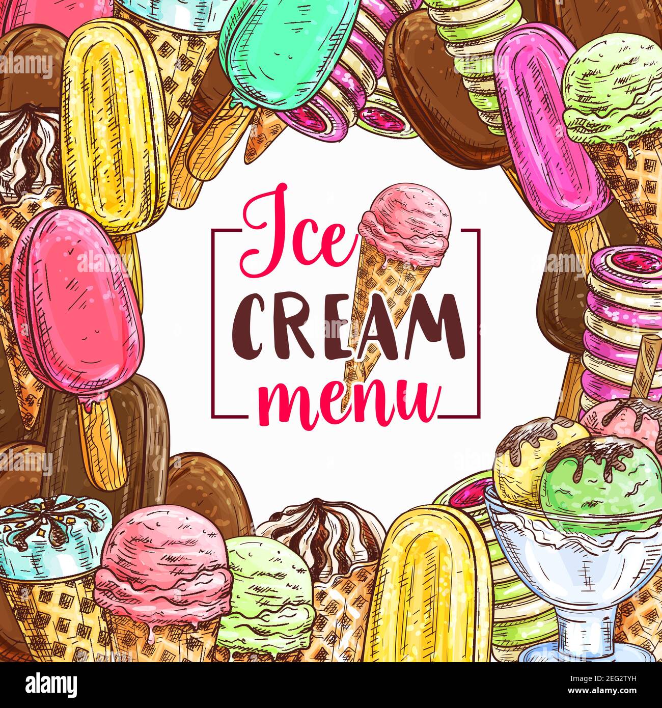 Ice cream frame with cold summer dessert sketch for cafe menu cover