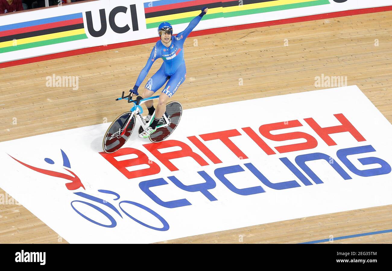 UCI World Track Cycling Championships - London, Britain - 4/3/2016 - Filippo Ganna of Italy celebrates winning the men's individual pursuit. REUTERS/Andrew Winning   Picture Supplied by Action Images Stock Photo