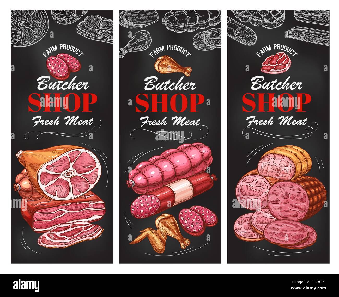 Butcher shop meat product and sausage menu blackboard banner set. Beef ...