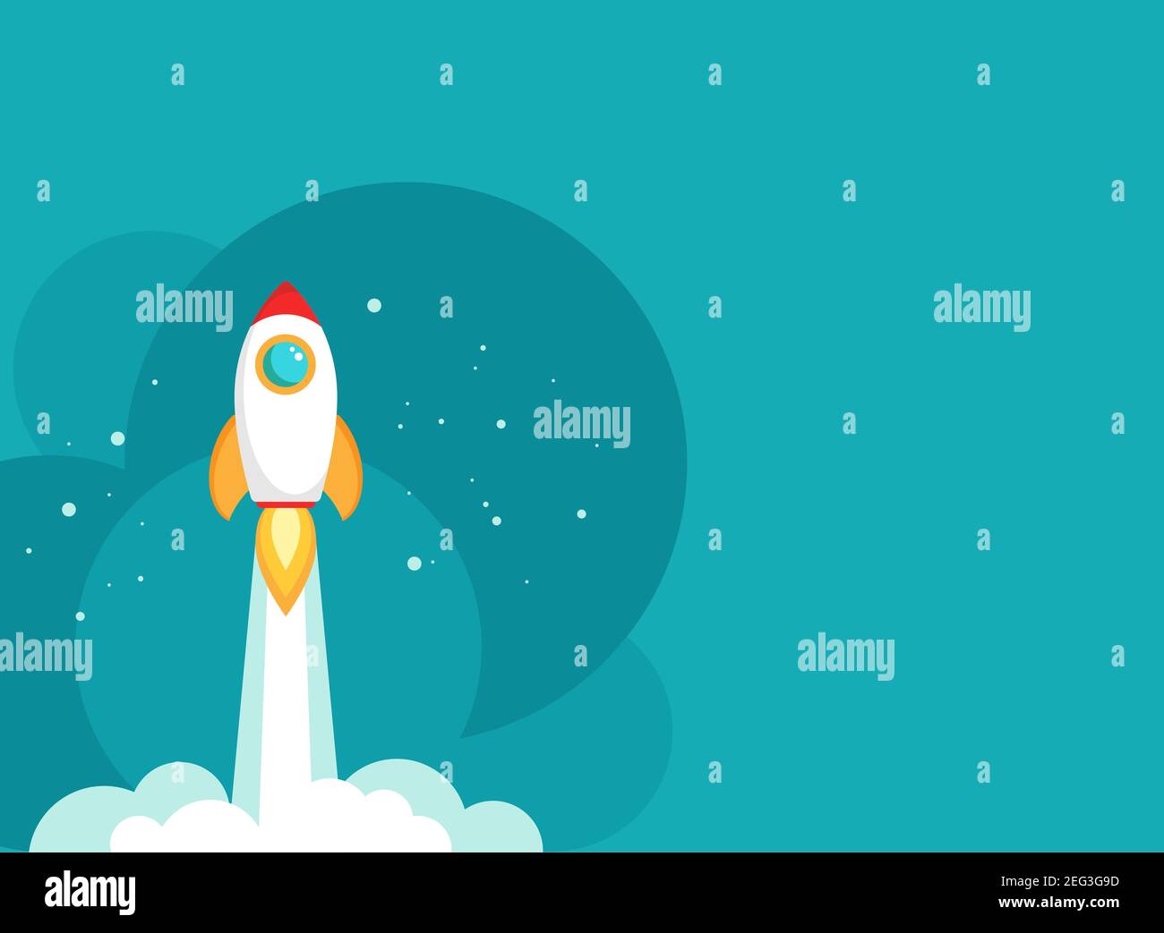 Rocket ship with space, sky clouds and stars on blue background. Flat ...
