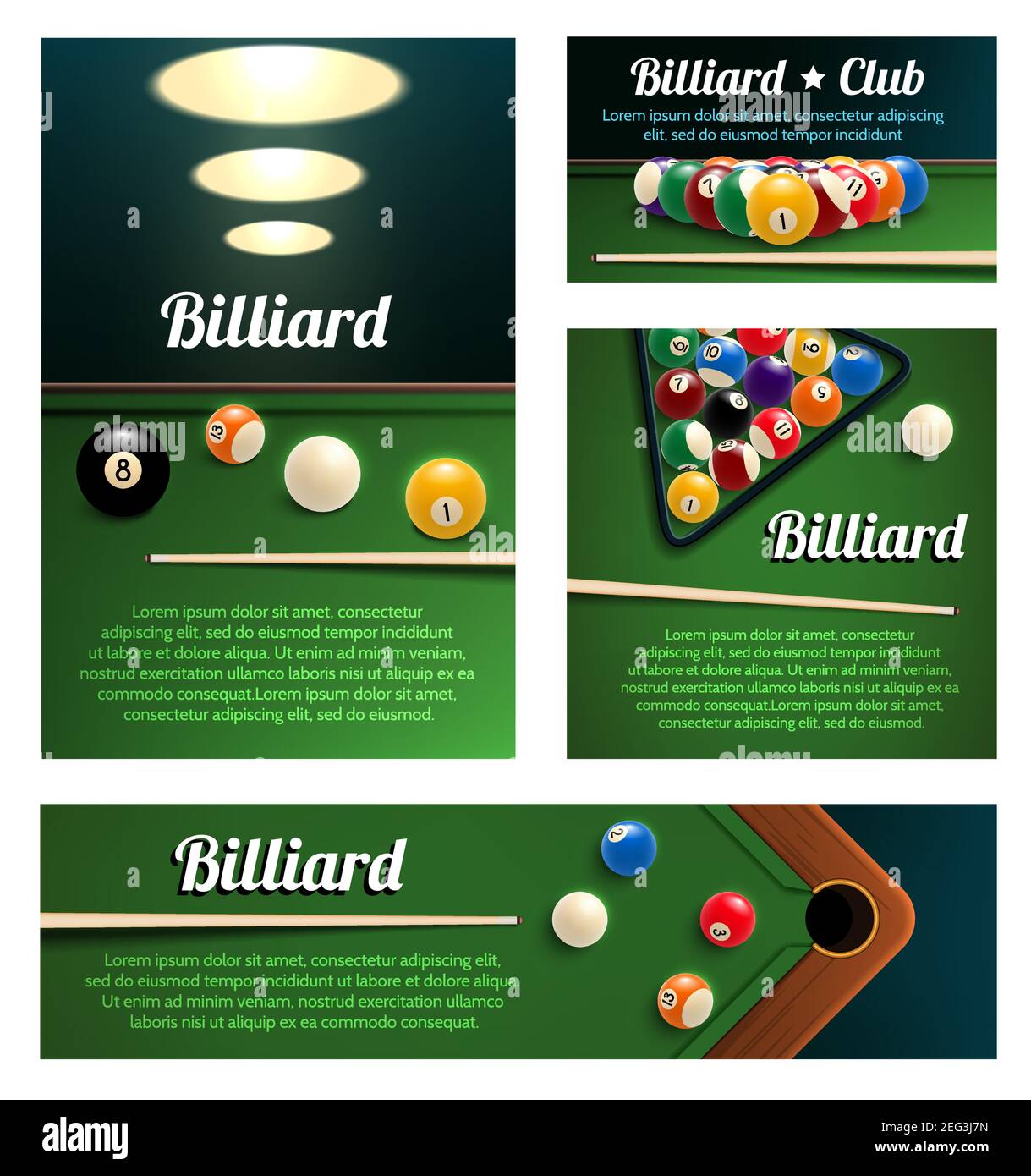 Billiard club and poolroom banner template. Billiard pool ball pyramid in  starting position with cue and rack on green snooker table 3d poster for  bil Stock Vector Image & Art - Alamy