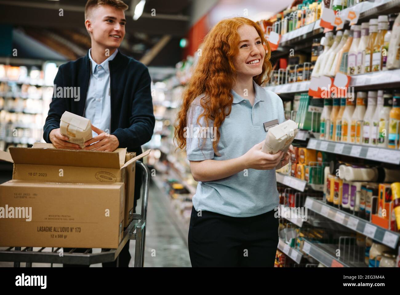 Grocery shop workers working in the store. Two new employees working together and restocking the