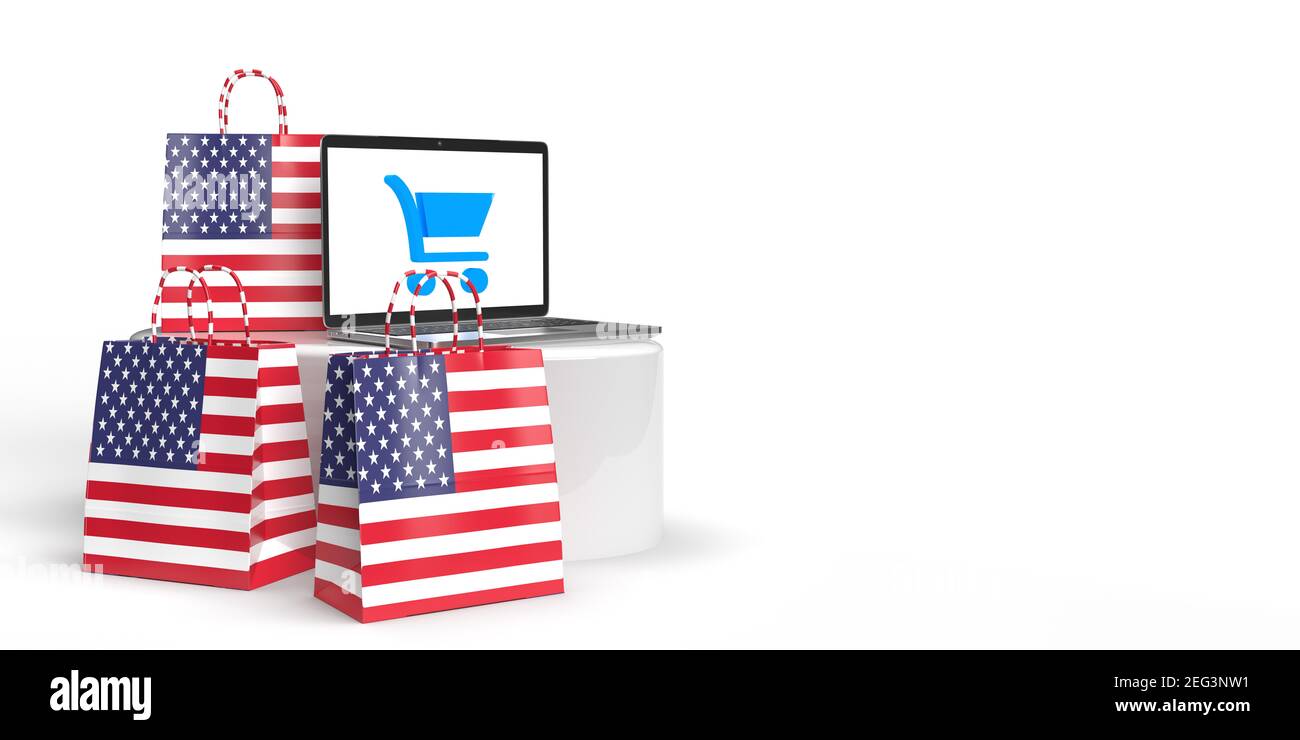 Global eCommerce, online trade and consume concept: Three 3D rendered bags with American flag standing around a podium with a laptop with shopping bag Stock Photo