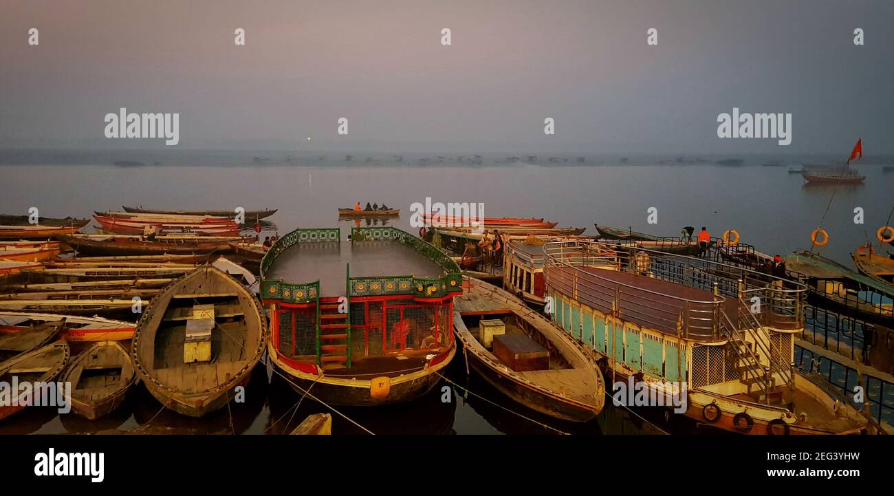 Boats are waiting for there passengers at the bank of Ganges Stock Photo