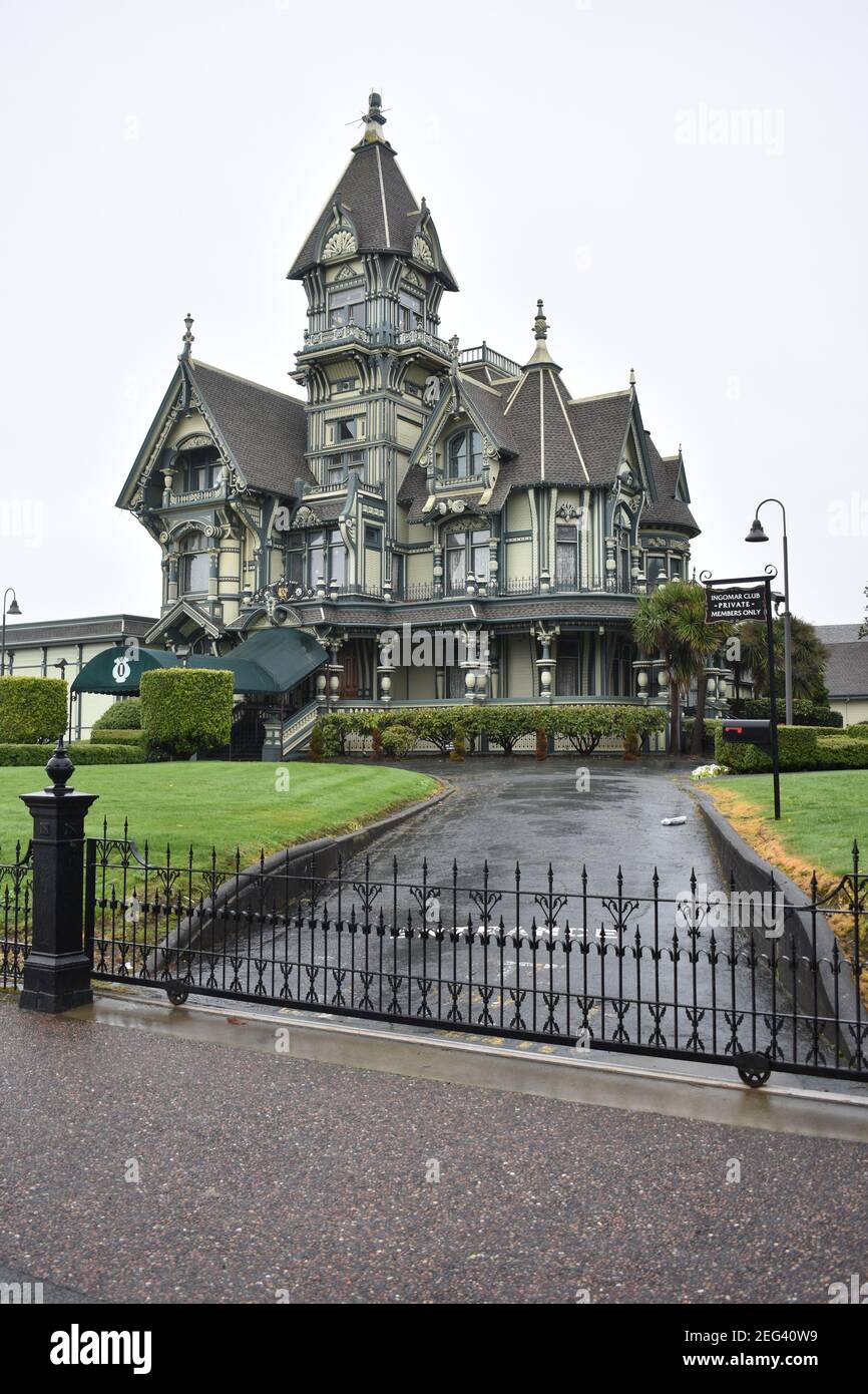 Vertical shot of The Carson Mansion with its antiquated decorations in Old Town Eureka California Stock Photo