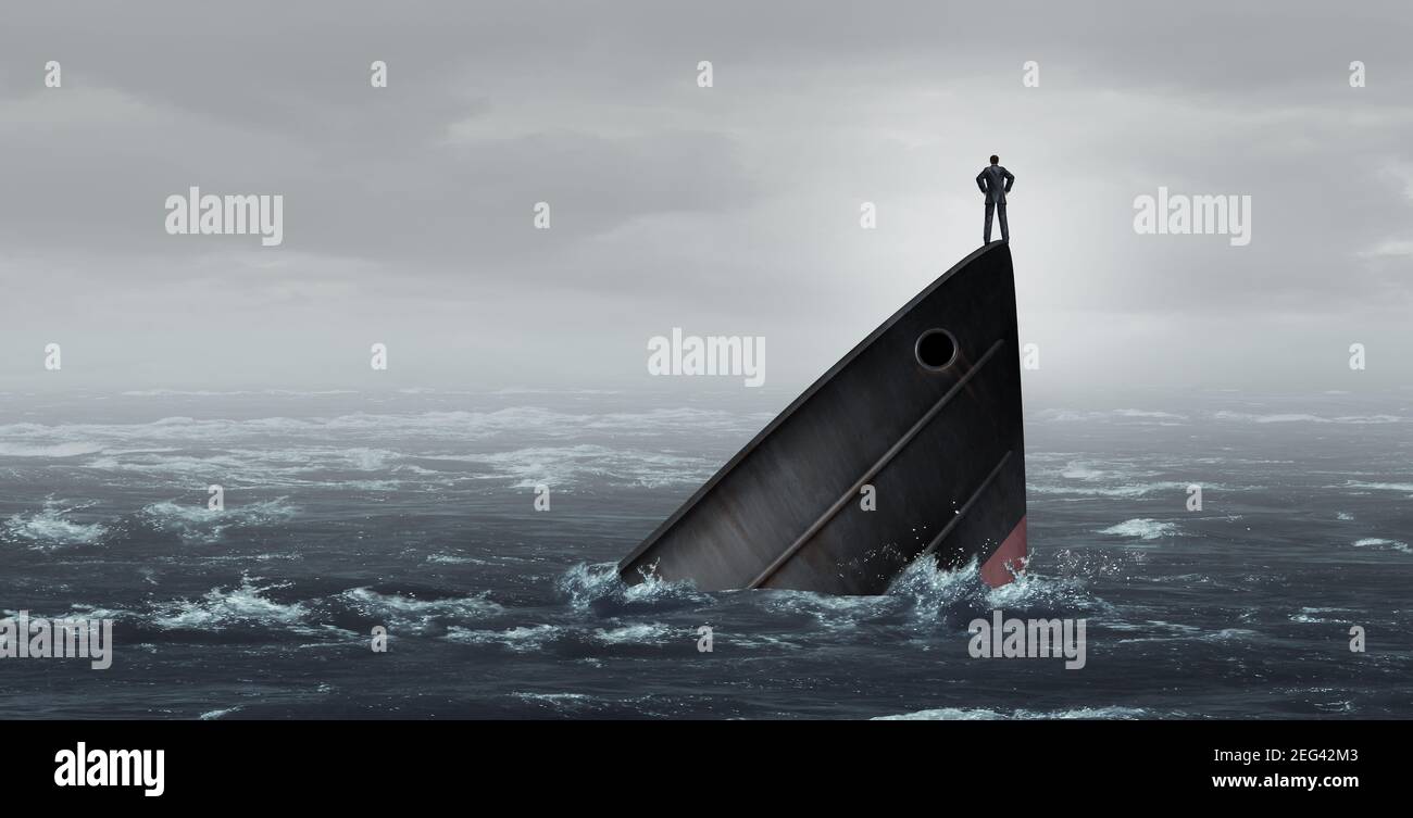 Sinking ship metaphor and failing business despair concept as a stranded businessman lost at sea as a failed corporate idea for financial crisis. Stock Photo