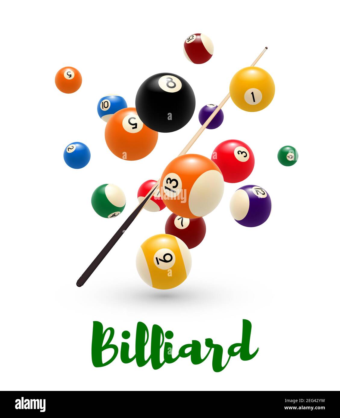 Billiard ball and cue poster. Billiards sport game tournament or snooker competition banner of colorful pool ball with numbers and billiard cue 3d ill Stock Vector