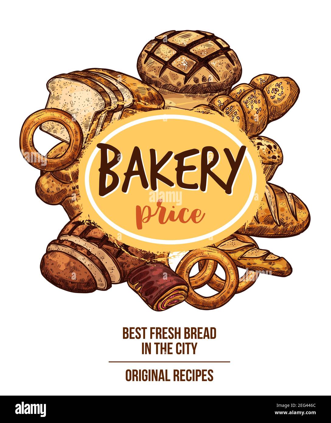 Bakery shop banner with bread and pastry product sketch frame. Wheat