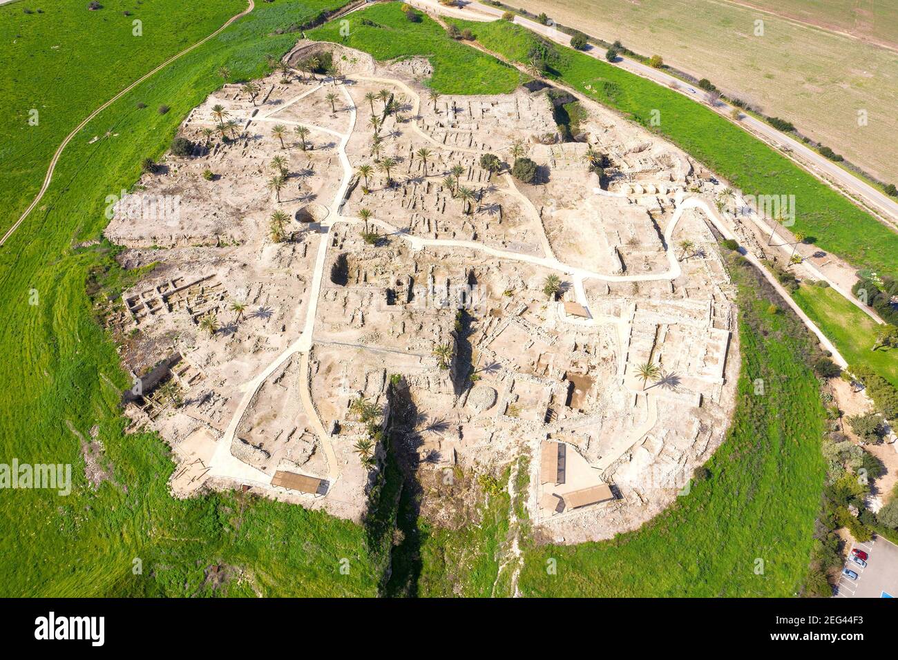 Tel Megiddo national park, Also known in Greek as Armageddon, A prophesied town for a battle during the end times, Aerial view. Stock Photo