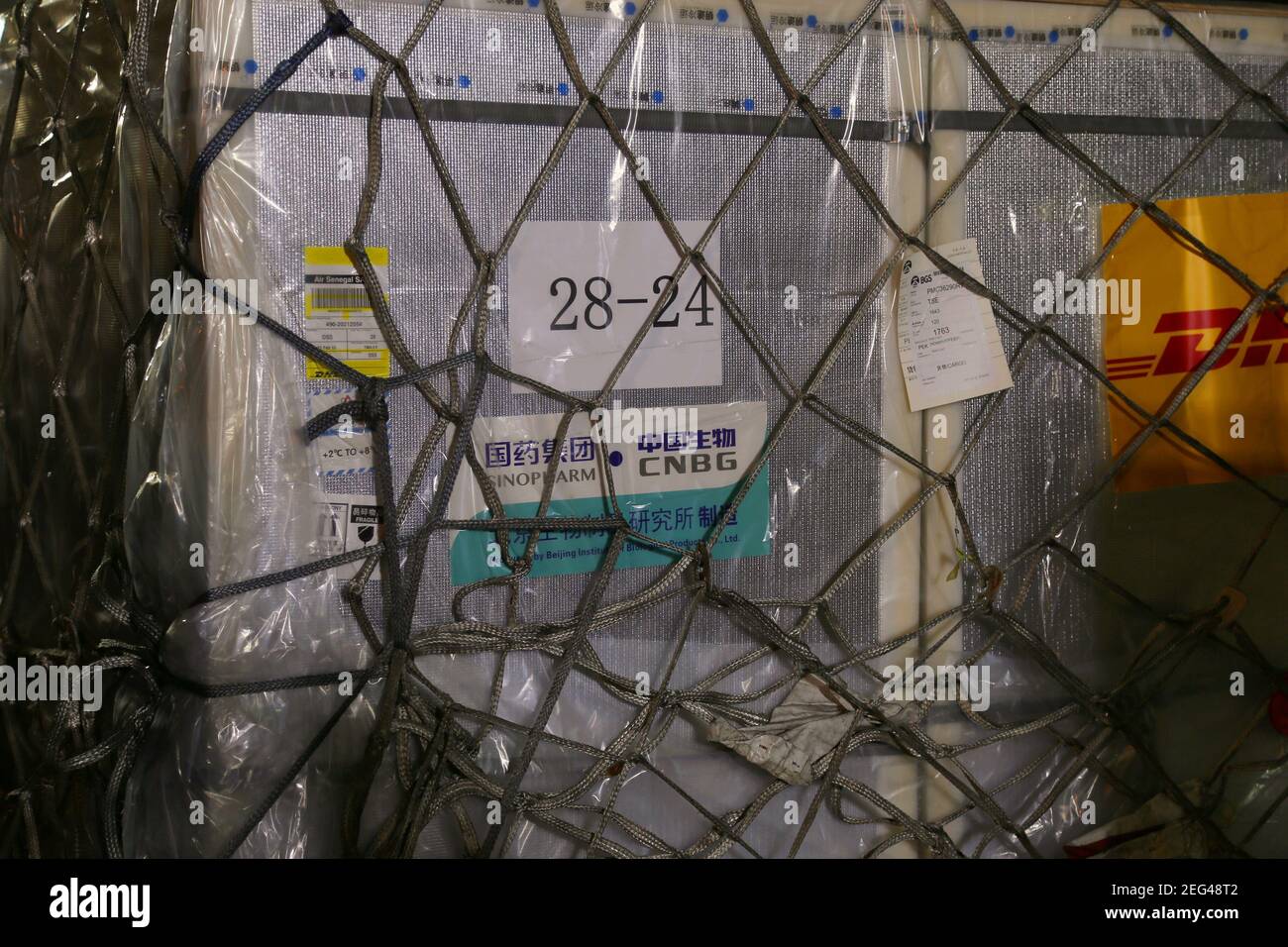 Dakar. 17th Feb, 2021. Photo taken on Feb. 17, 2021 shows the first batch of China's Sinopharm COVID-19 vaccine at Blaise Diagne International Airport in Dakar, Senegal. Senegal on Wednesday night received the first batch of China's Sinopharm COVID-19 vaccine. Credit: Xing Jianqiao/Xinhua/Alamy Live News Stock Photo
