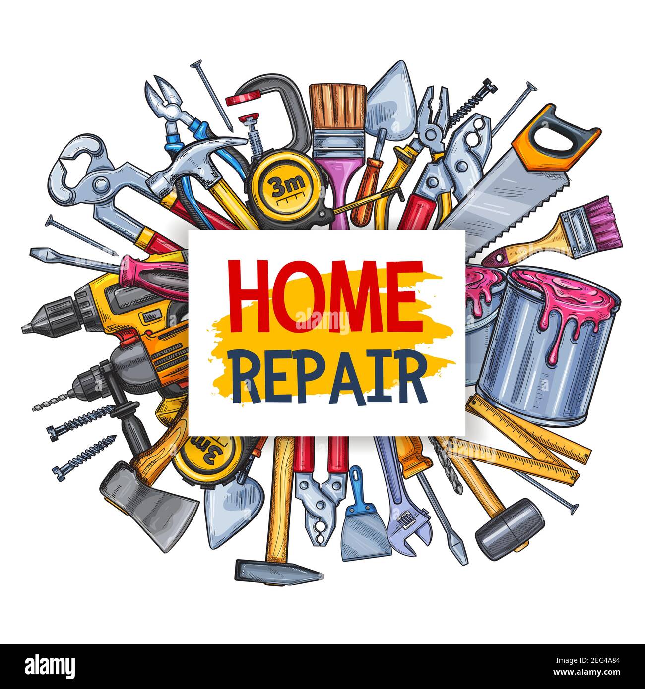 Repair tool sketch poster with home construction equipment and