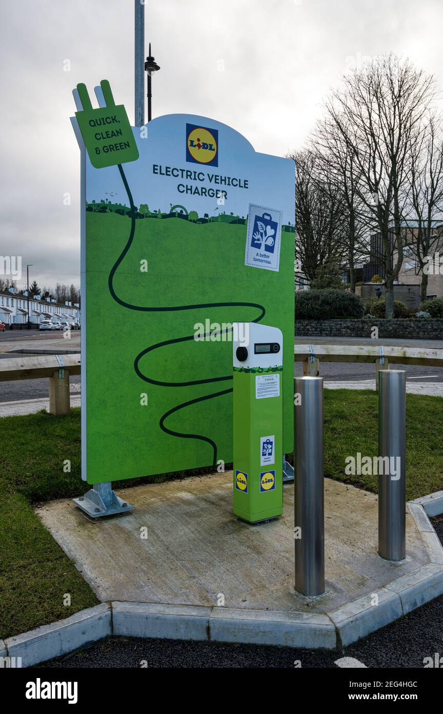 Limavady, Northern Ireland- Feb 6, 2021: The electric vehicle charging station at  Lidl in Limavady Stock Photo