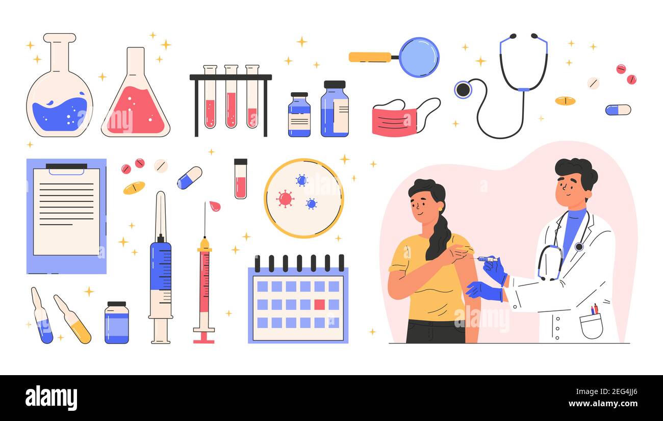 Concept poster with various medical objects. Stock Vector