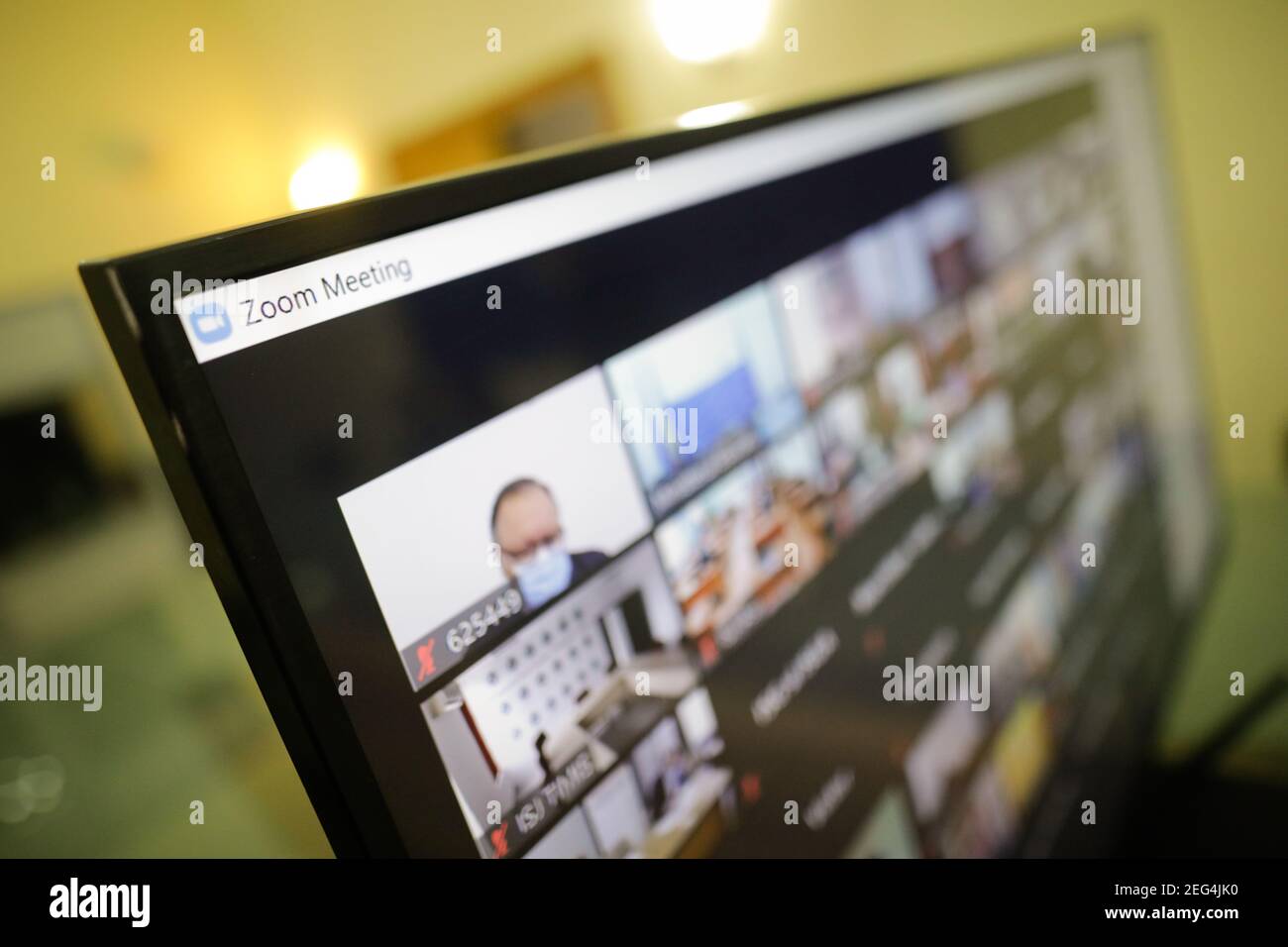Bucharest, Romania - February 4, 2021: Shallow depth of field image (selective focus) with the Zoom video conference app/site - work from home during Stock Photo