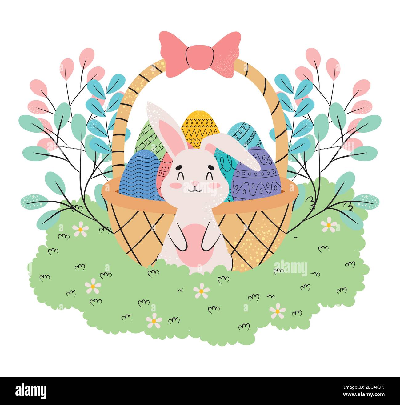 happy bunny with basket with easter eggs and decorative leaves over ...