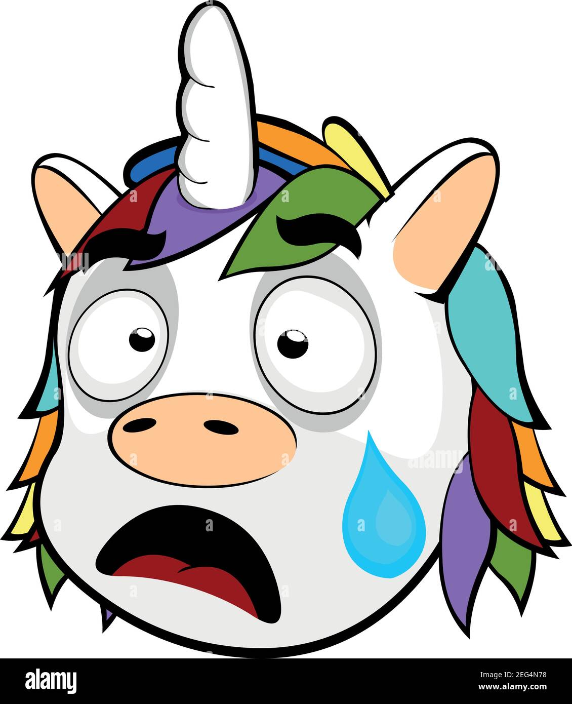 Vector emoticon illustration cartoon of a unicorn's head with a sad expression and crying with a tear falling from its eye over its cheek Stock Vector