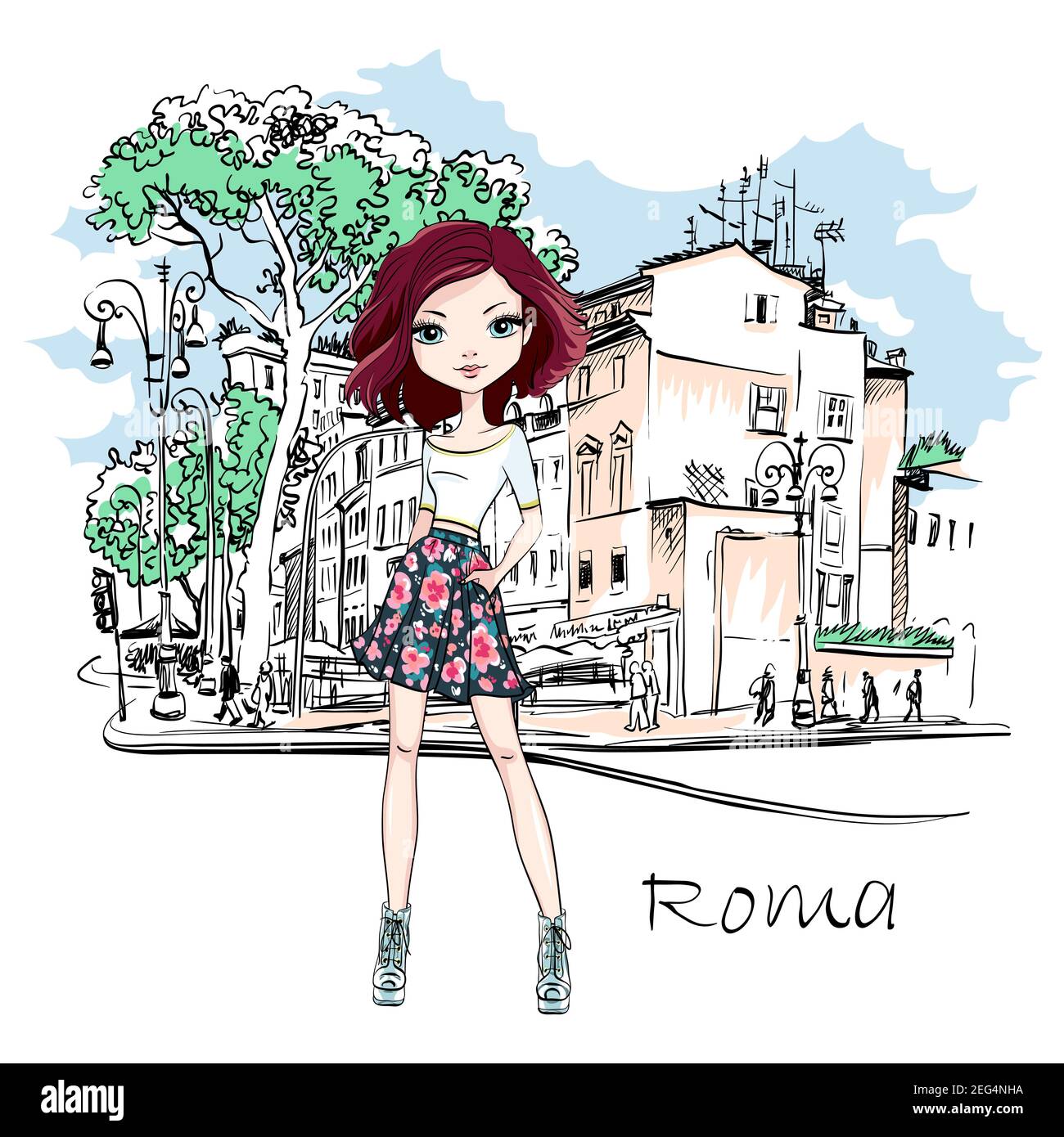 Vector cute brunette girl on a typical Roman street with Stone pine trees in the old city in Rome, Italy. Stock Vector