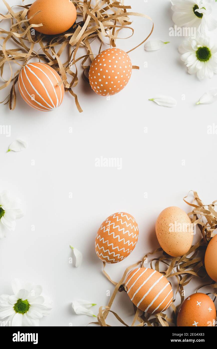 Frame of Easter eggs in nests and spring flowers on white background ...