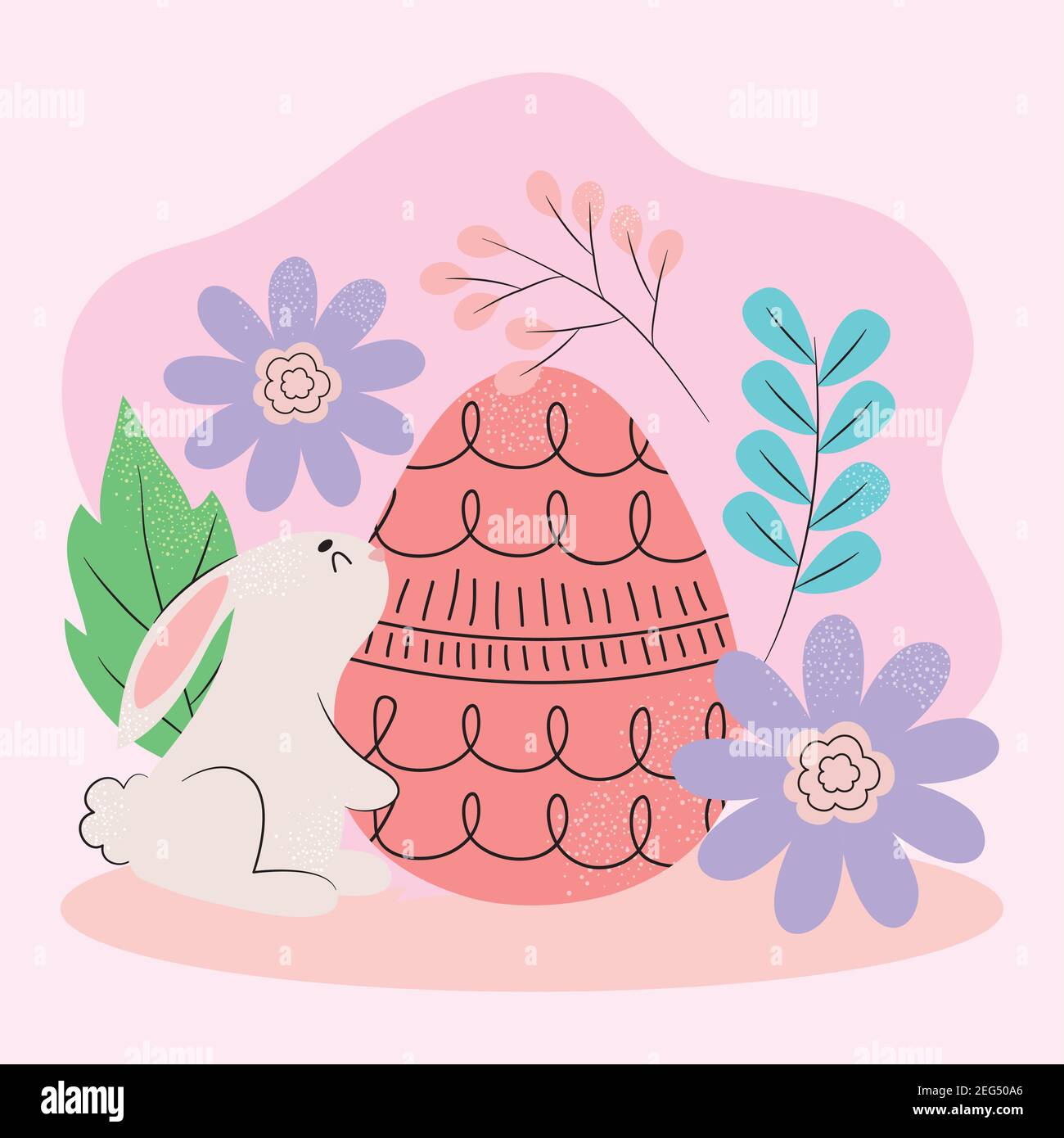 cute bunny with easter egg and flowers and leaves around over pink ...