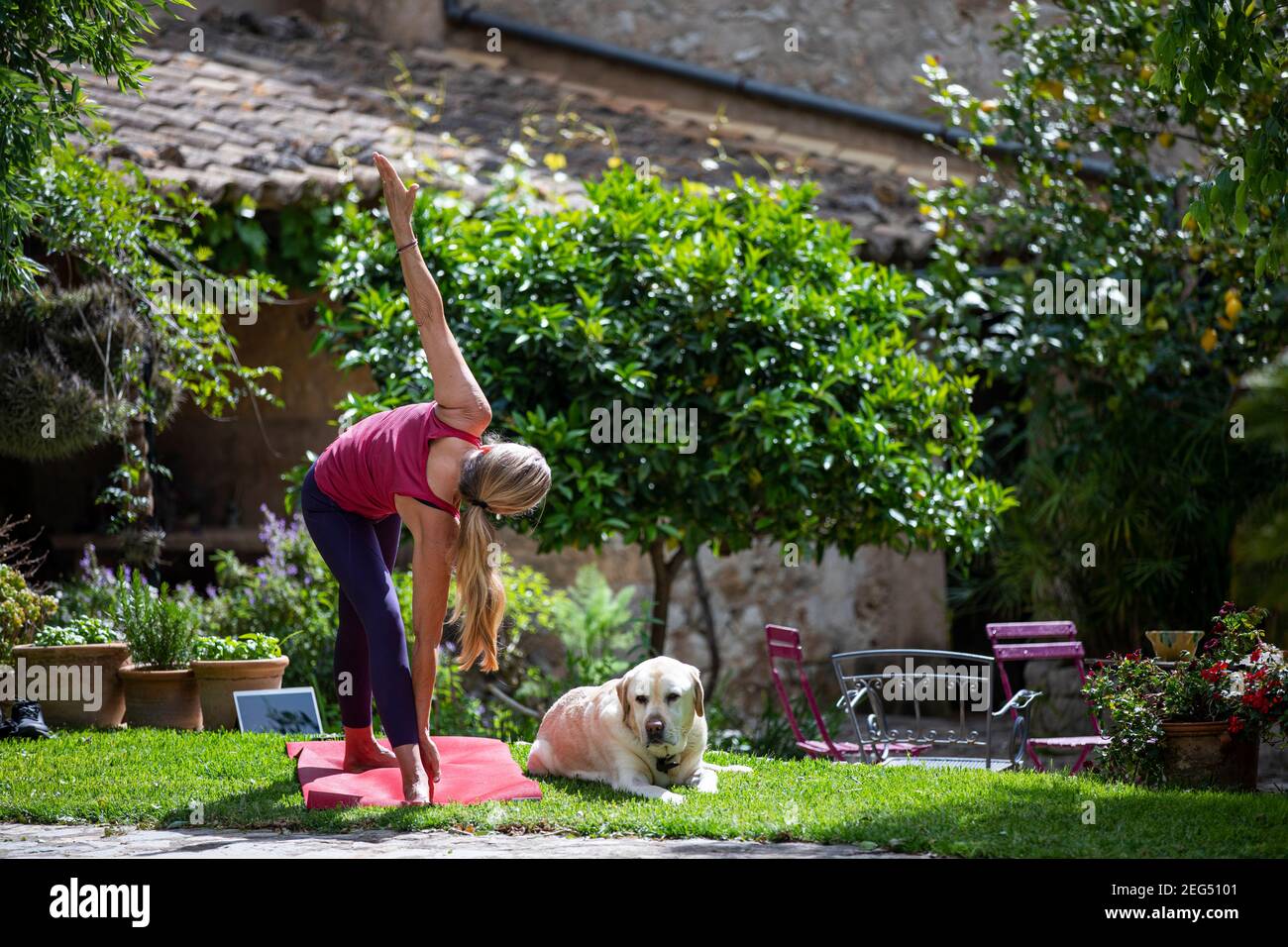 Woman in her 50's doing online yoga Stock Photo