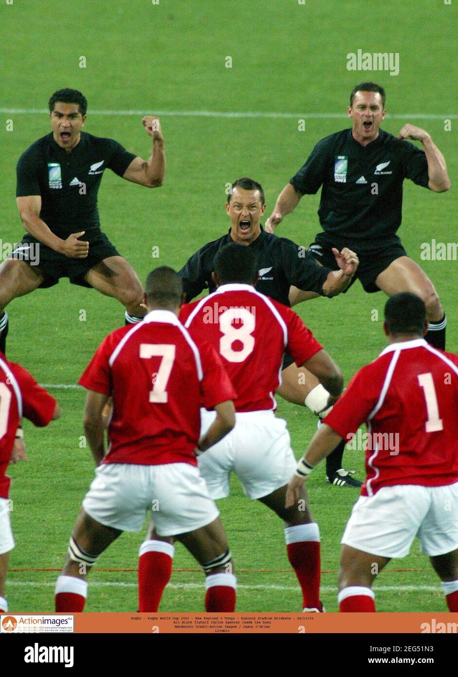 Rugby Union - Rugby World Cup 2003 - New Zealand v Tonga - Suncorp Stadium  Brisbane - 24/10/03 All Black flyhalf Carlos Spencer leads the haka  Mandatory Credit:Action Images / Jason O'Brien Livepic Stock Photo - Alamy
