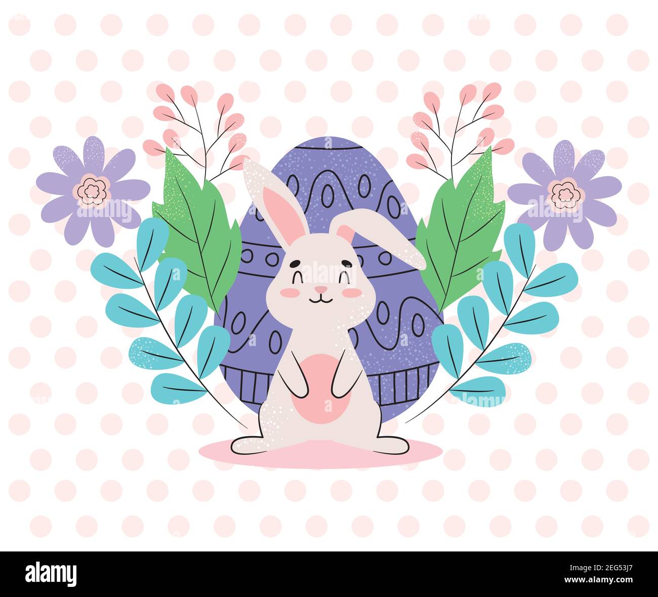cute bunny with easter egg and flowers over pink dotted white ...