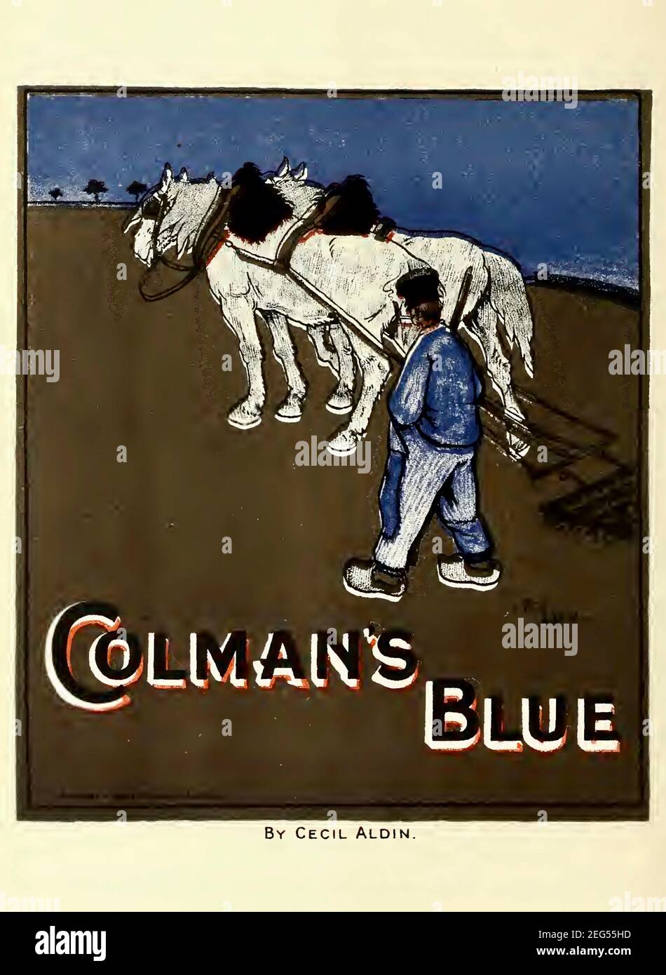 Retro vintage poster adverting Colman's Blue by Cecil Aldin. Traditional rural scene with a ploughboy and his team of plough horses working the field. Stock Photo